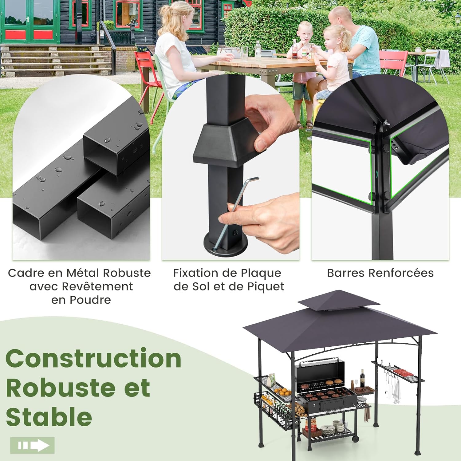 GOPLUS Tonnelle pour Barbecue, Abri Barbecue Extérieur avec Dessus à 2 Niveaux, Crochets, Décapsuleur, Abri pour Barbecue à Dessus Souple, pour Jardin, Cour(242x153x250CM|Gris Foncé)