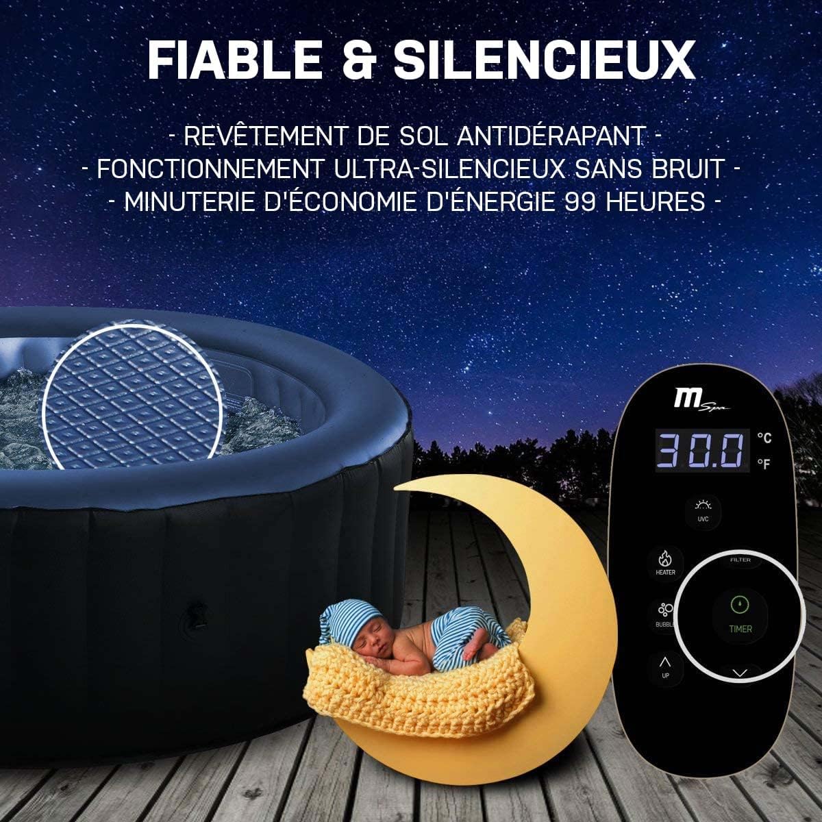 Miweba MSpa Spa Gonflable Extérieur Bergen C-BE041 | Rond ⌀ 180,0 cm - Spa Gonflable 4 Personnes - Nettoyage UV-C - Jusqu'à 1077 L - 40°C - Télécommande - 118 Jets (4 Personnes)