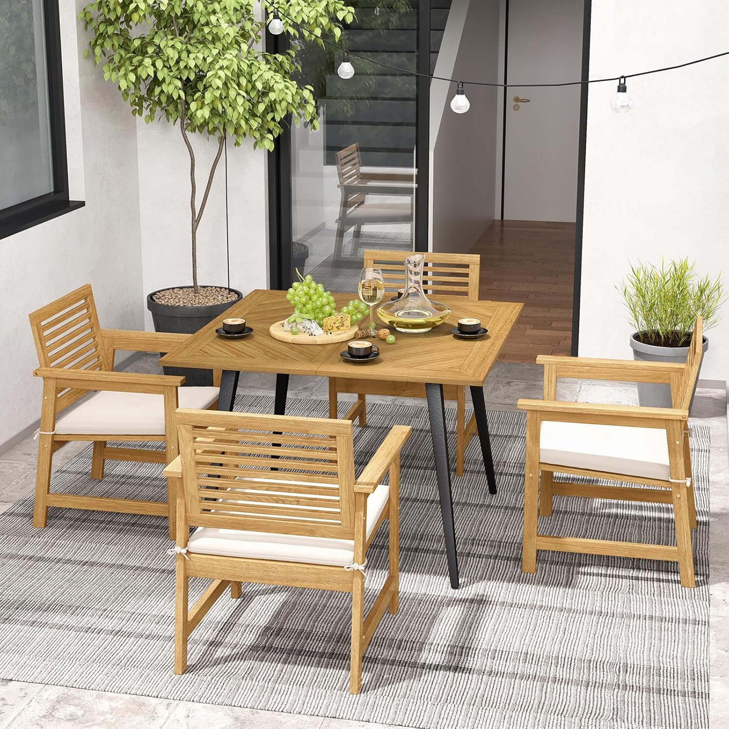 GOPLUS - table de jardin 107x75cm - bois d'acacia, métal, 75kg, trou parasol