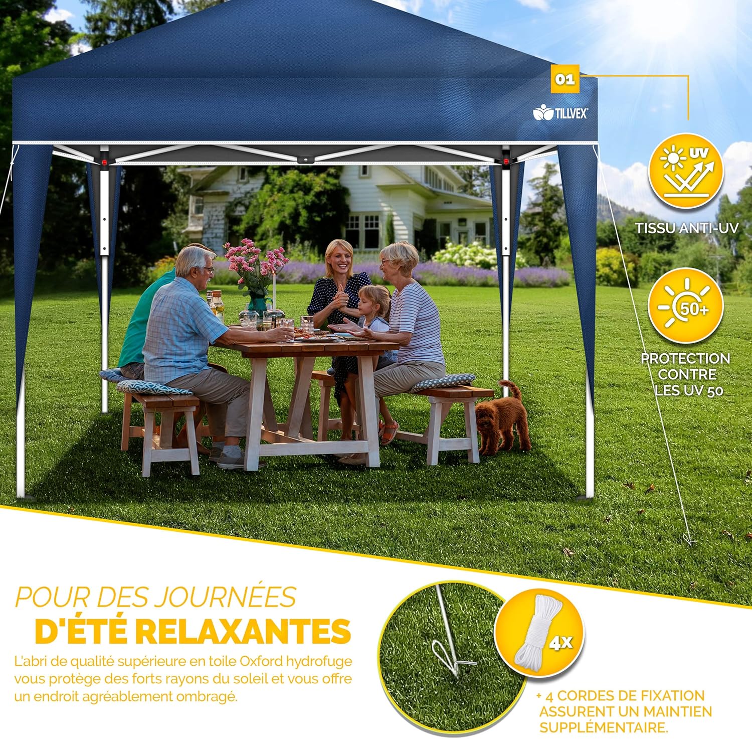 tillvex Tonnelle de Jardin 3 x 3 m Pliable | Tente Pliante à Hauteur réglable | Auvent pour Camping, Festival, Plage | Protection UV 50+ | Chapiteau avec Sac