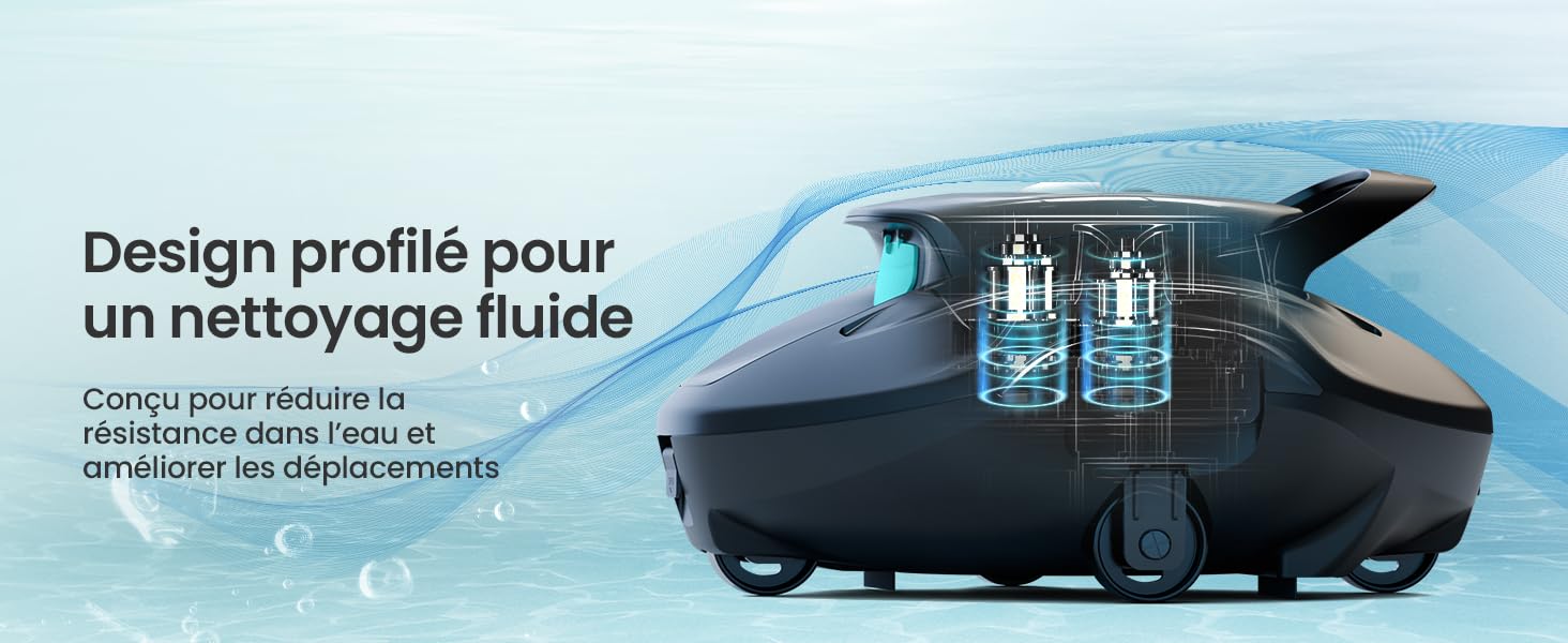 Le texte se lit comme suit : « Design profilé pour un nettoyage fluide » et « Conçu pour faciliter la circulation de l'air et améliorer les déplacements ». L'image montre un élégant appareil de nettoyage futuriste noir et bleu avec un design aérodynamique et des bouteilles d'eau intégrées sur fond bleu clair.