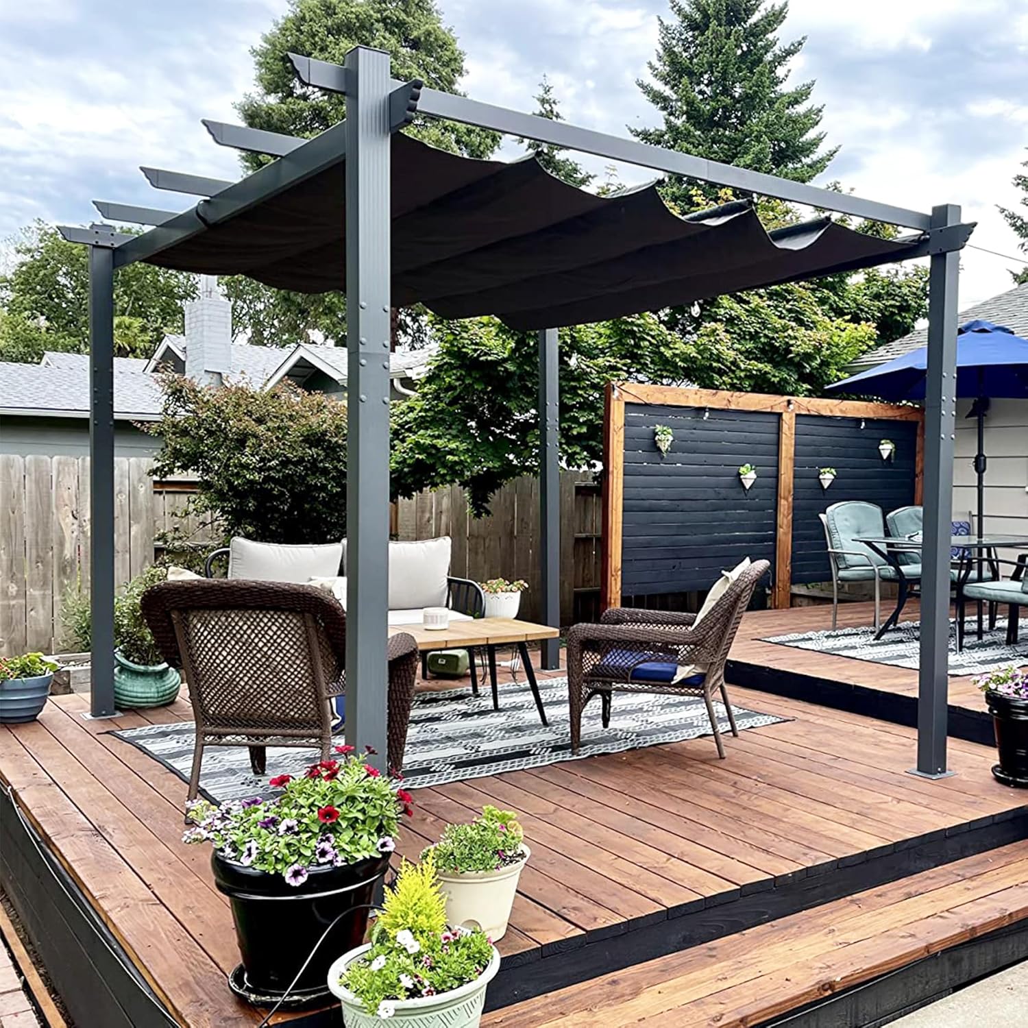 PURPLE LEAF - Pergola aluminium, 3,65x3m, toile coulissante, gris