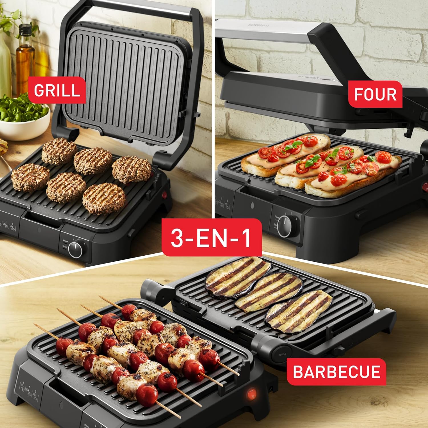 Tefal - SuperGrill 3-en-1 - thermostat réglable, 3 hauteurs, 2000W, GC510DE0