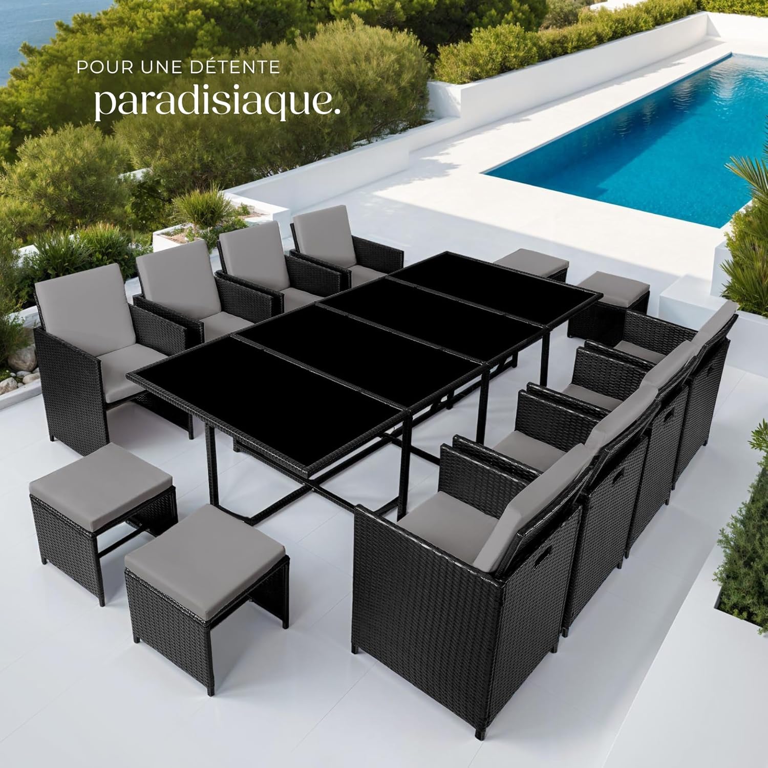 tectake - Salon de jardin résine tressée 8 chaises 4 tabourets table - ensemble repas extérieur terrasse balcon - Noir/G