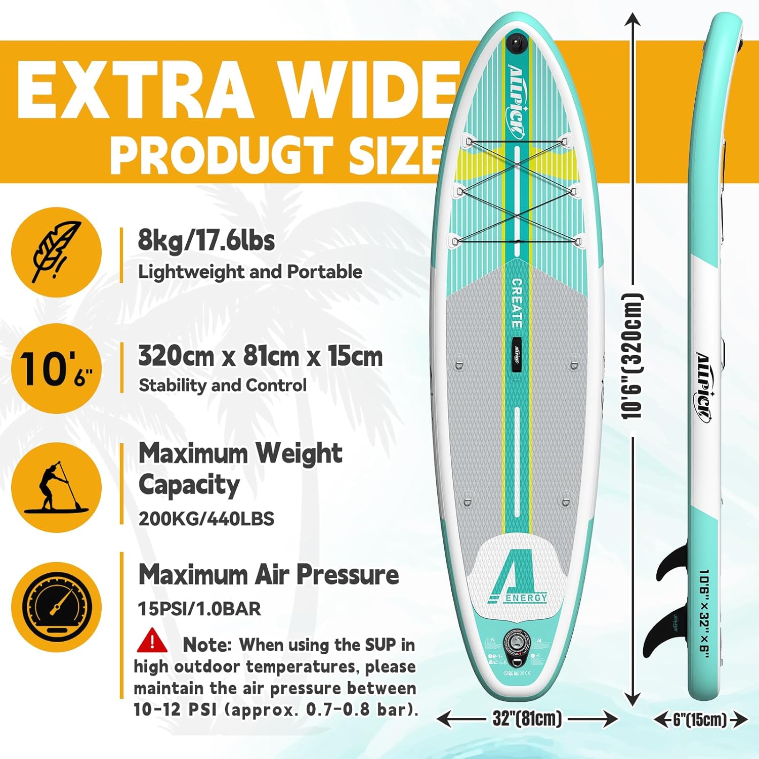 ALLPICK Paddle Gonflable, Kit de Padelsurf de Stand Up Paddle Sup Gonflable de 320 cm, avec Support Universel pour Caméra, Pagaie réglable, Débutants et confirmés, 200 kg