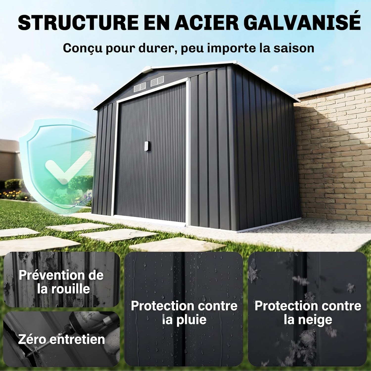 Outsunny - abri de jardin métal 2,77 m², 213x130x185 cm, porte verrouillable, 4 aérations