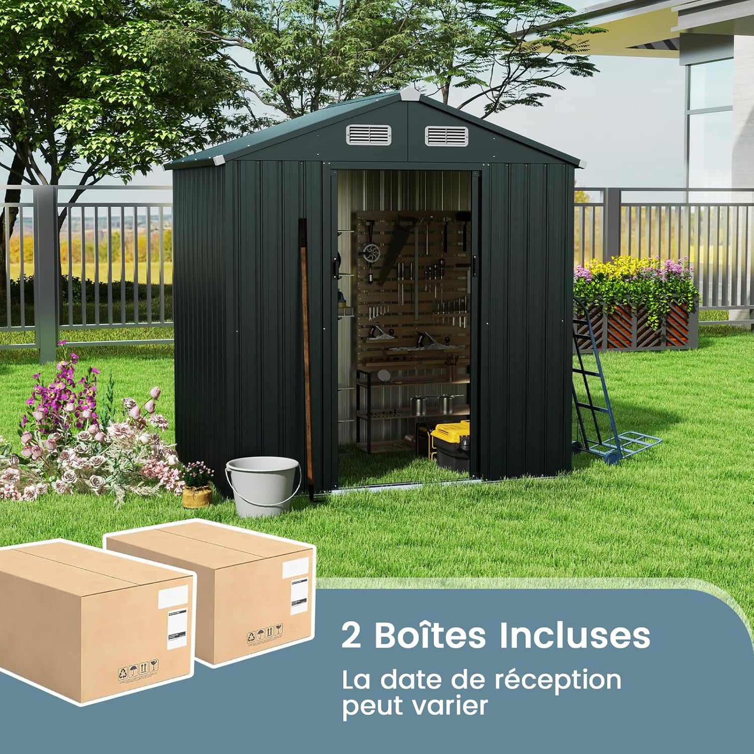 COSTWAY - Abri de Jardin métal 2,2㎡ - portes coulissantes, toit pente