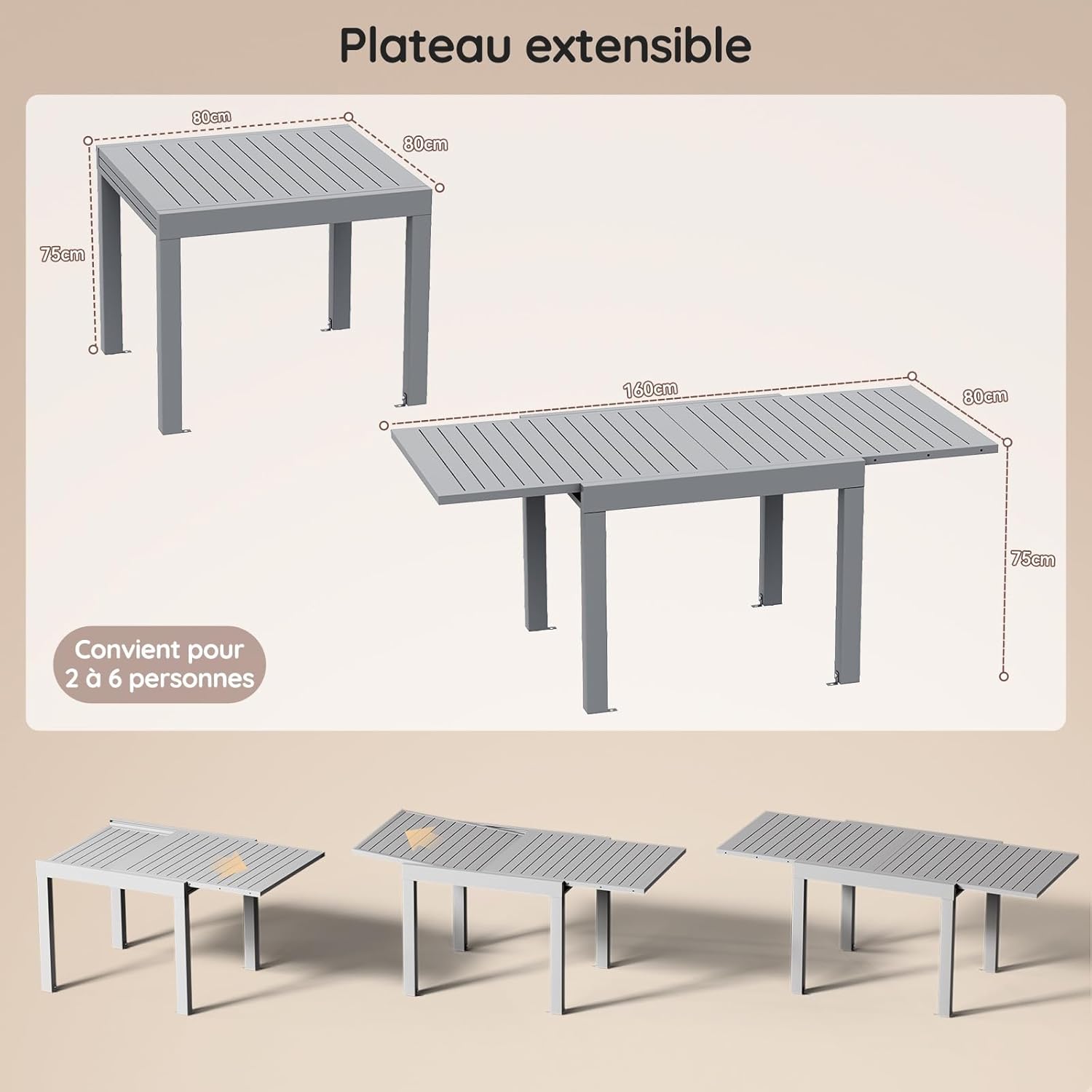 Devoko - Table extensible - 80/160x80x75 cm - aluminium, extérieur, résistante intempéries