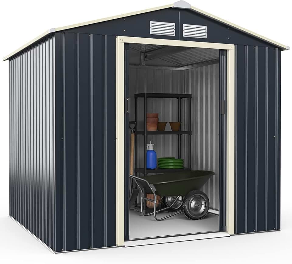 GOPLUS 3,73㎡ Abri de Jardin Métal Galvanisé, Cabine de Jardin Extérieur Portes Coulissantes, Résistant aux Intempérie, Cabane de Rangement Outils, 213 x 191 x 195 cm, Gris