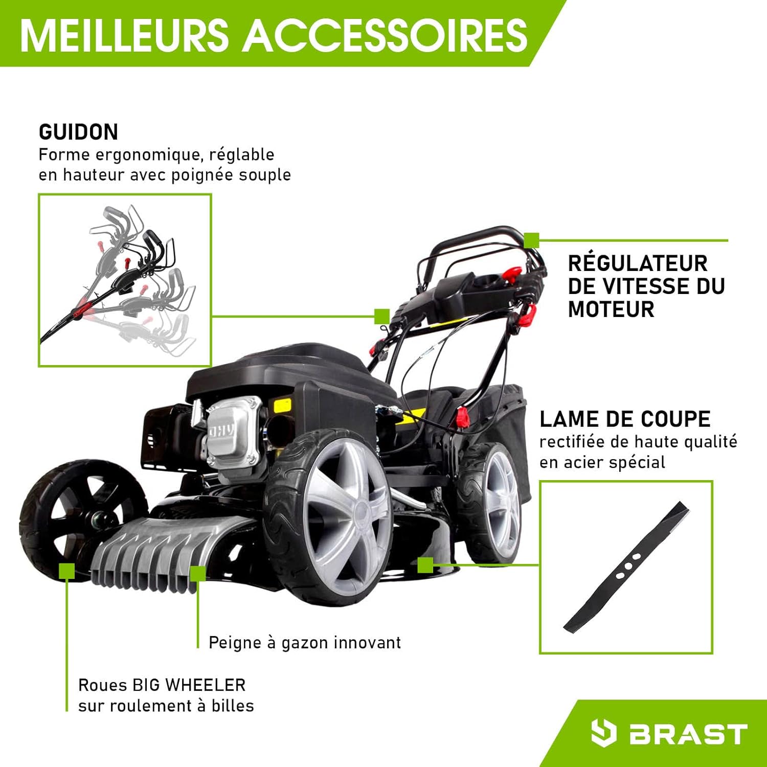 BRAST - Tondeuse thermique ESTART - 46cm, 170cc, tractée, 4en1, démarrage électrique