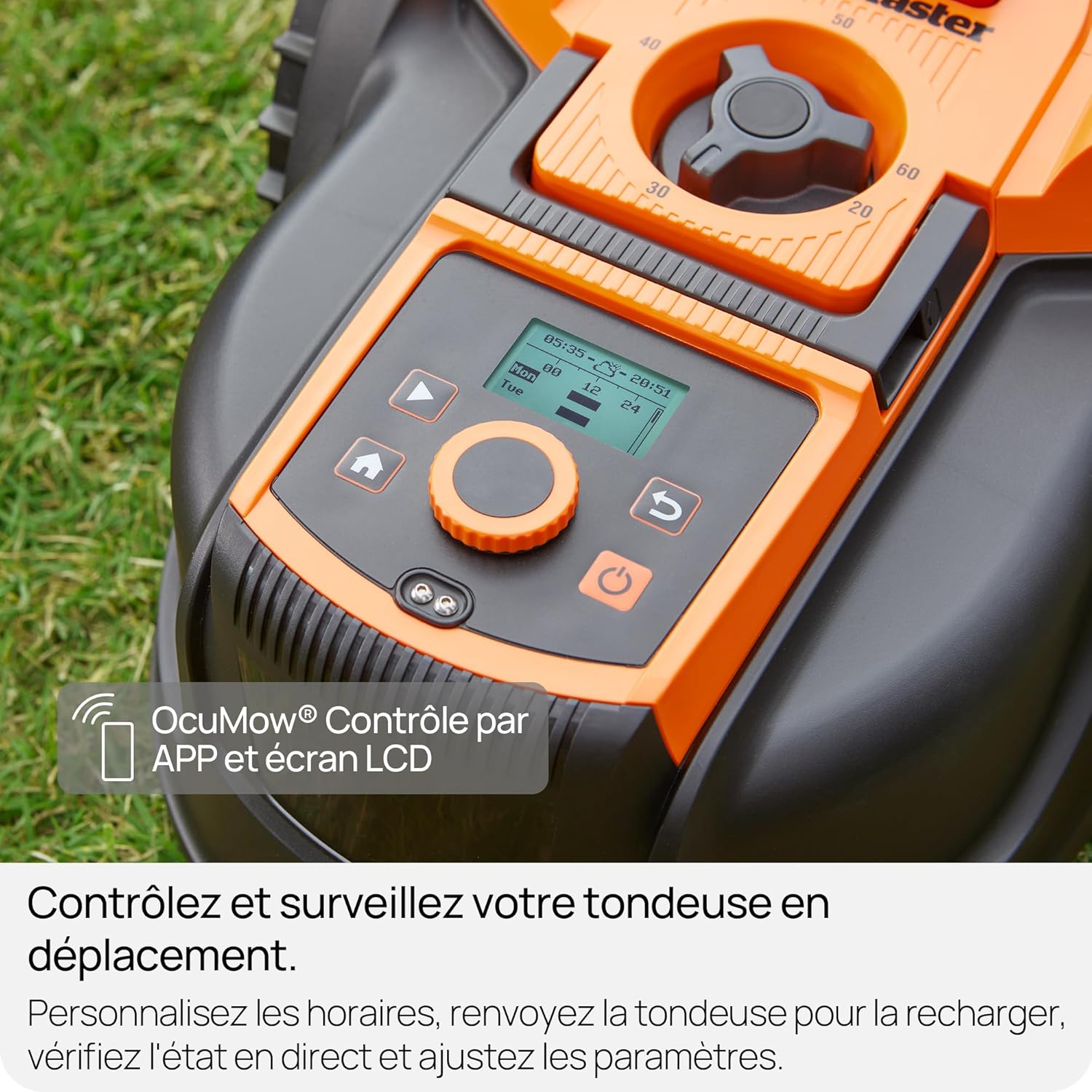 LawnMaster - Robot tondeuse caméra/app, 500m², sans fil, LCD