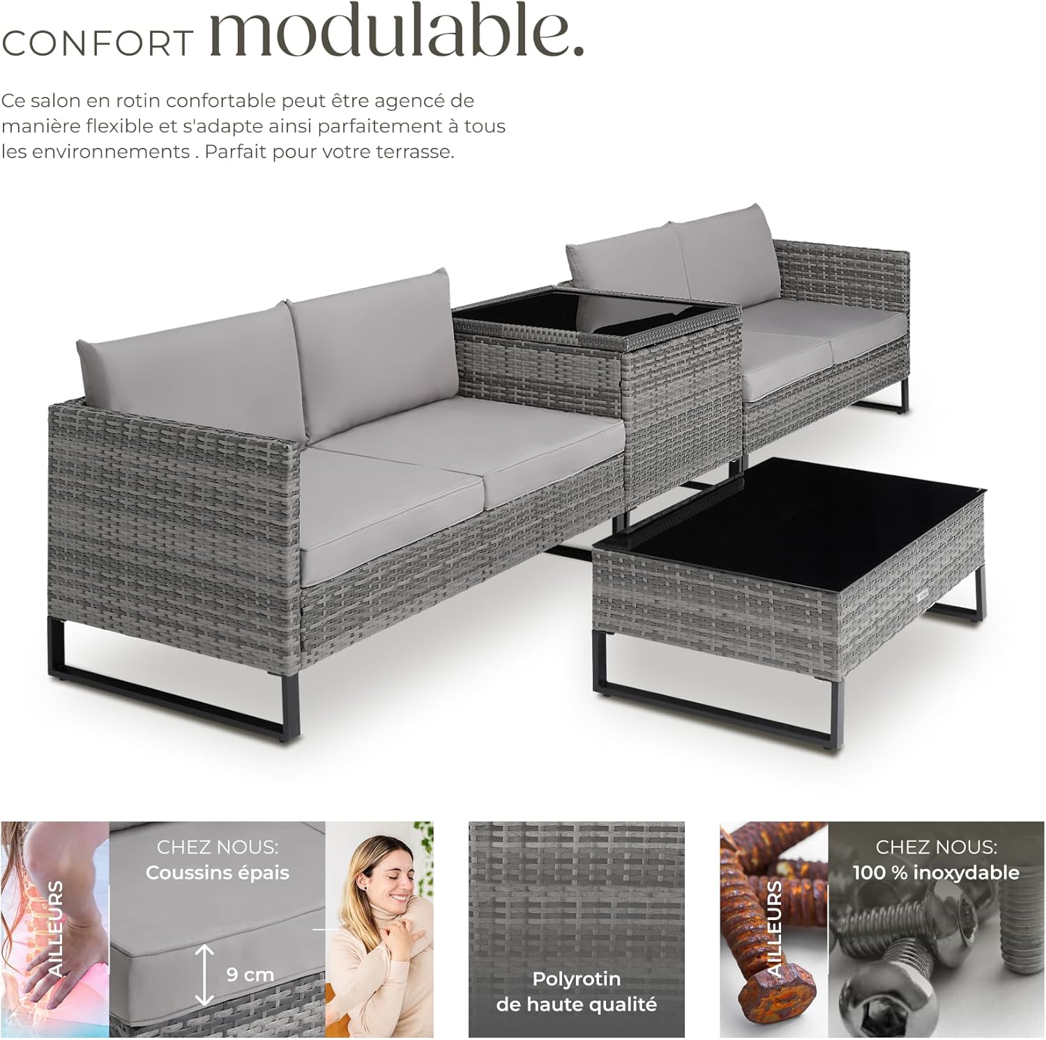tectake - Salon de jardin modulable 4 places, table verre, coffre, coussins