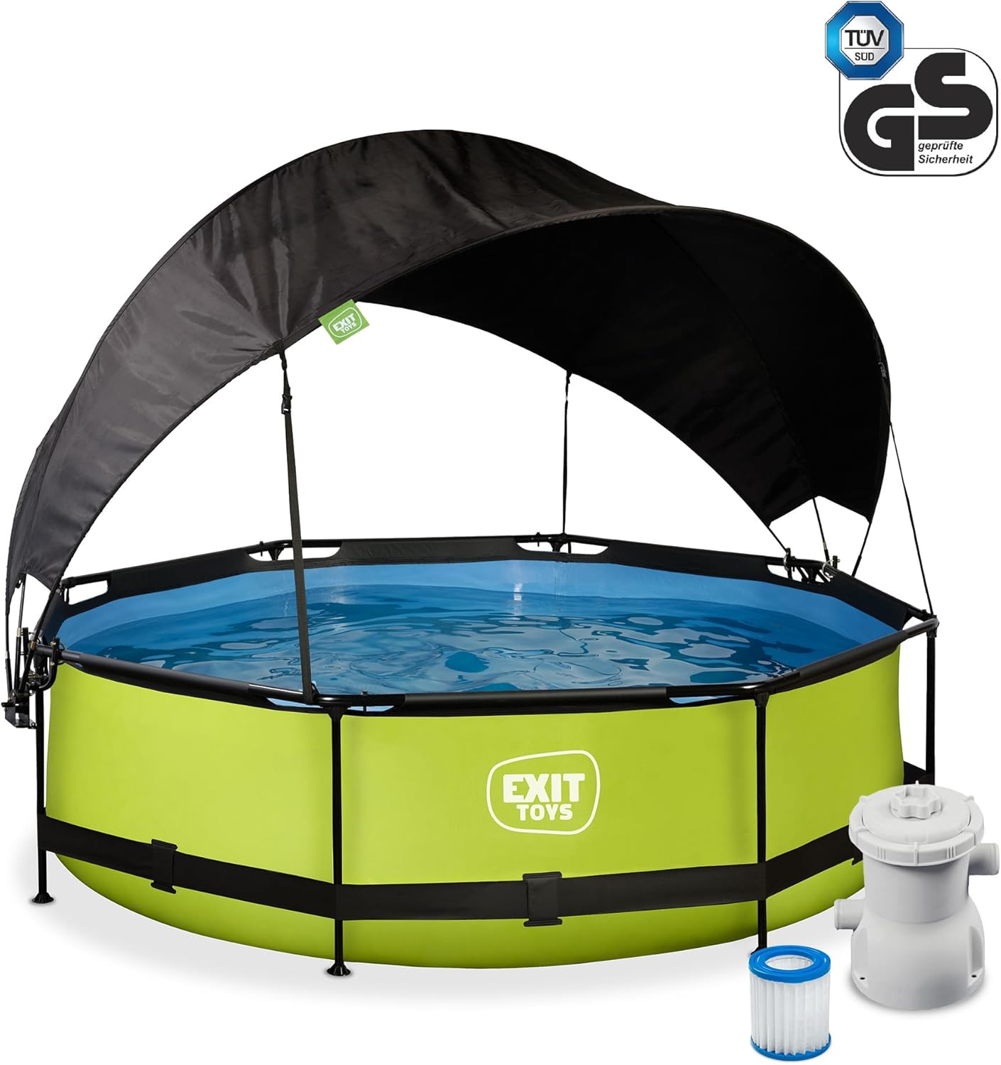 EXIT TOYS Piscine Lime avec Voile d'Ombrage - ø300x76cm - Piscine Hors Sol Ronde avec Pompe Filtrante à Cartouche - Protection Optimale Contre Les Rayons UV - Entrée Basse - Design Unique - Vert
