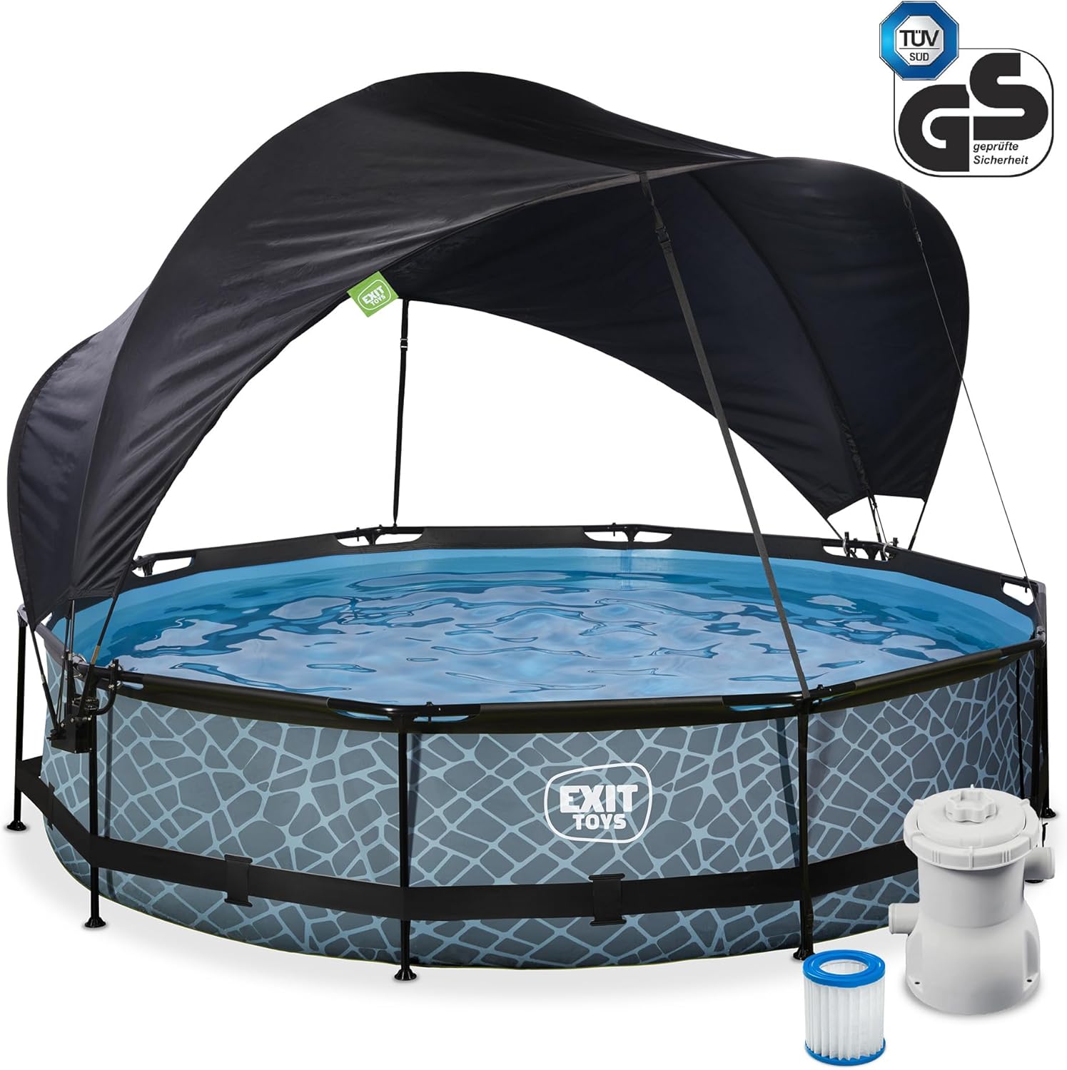 EXIT Toys Piscine Stone avec Voile d'Ombrage - ø360x76cm - Piscine Hors Sol Ronde avec Pompe Filtrante à Cartouche - Protection Optimale Contre Les Rayons UV - Entrée Basse - Design Unique - Gris