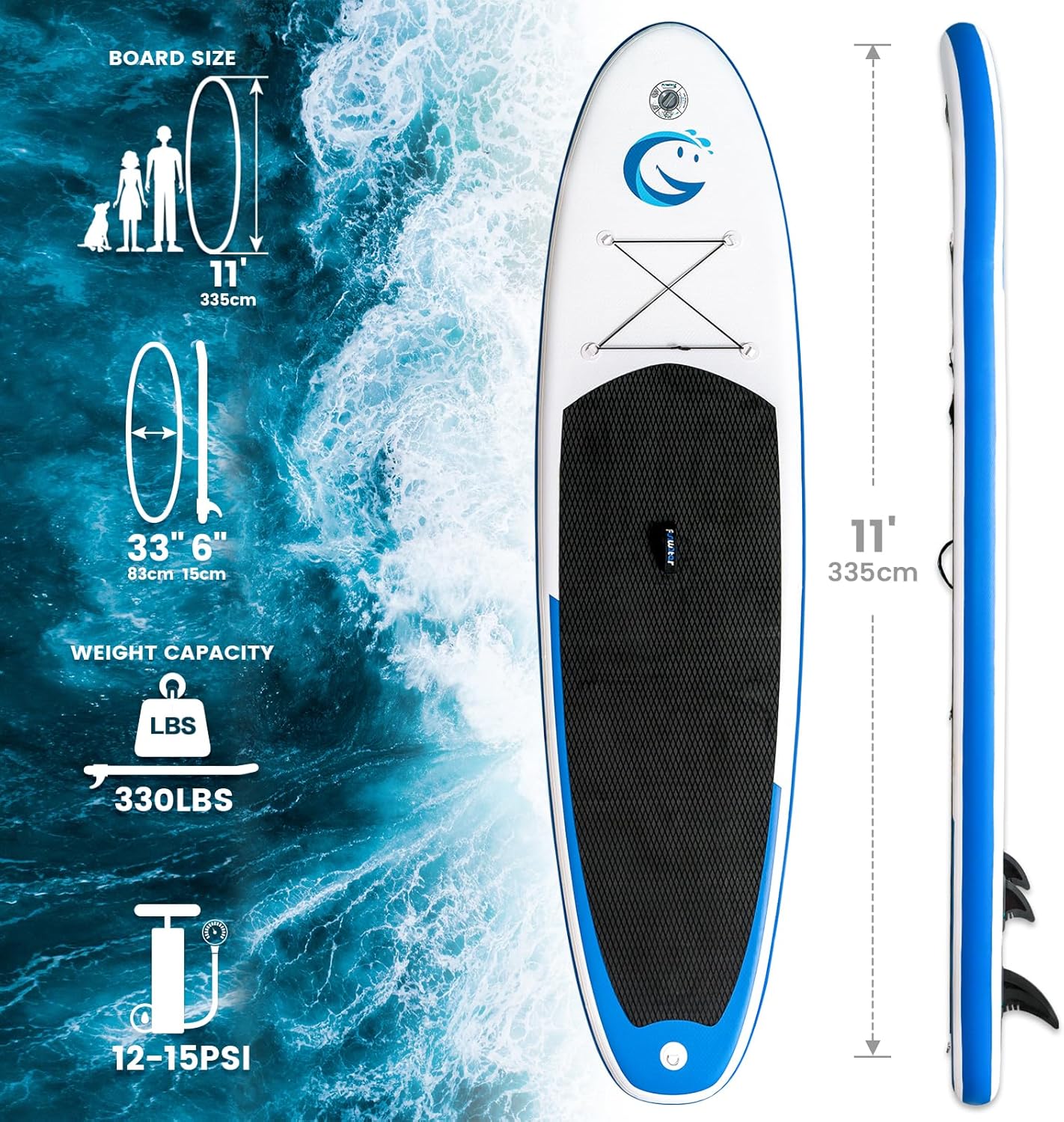 FunWater Planche Sup Gonflable Tous Niveaux Idéale Débutants et Famille Plateforme Anti Dérapante EVA Pack Complet avec Pagaie Réglable Pompe et Accessoires