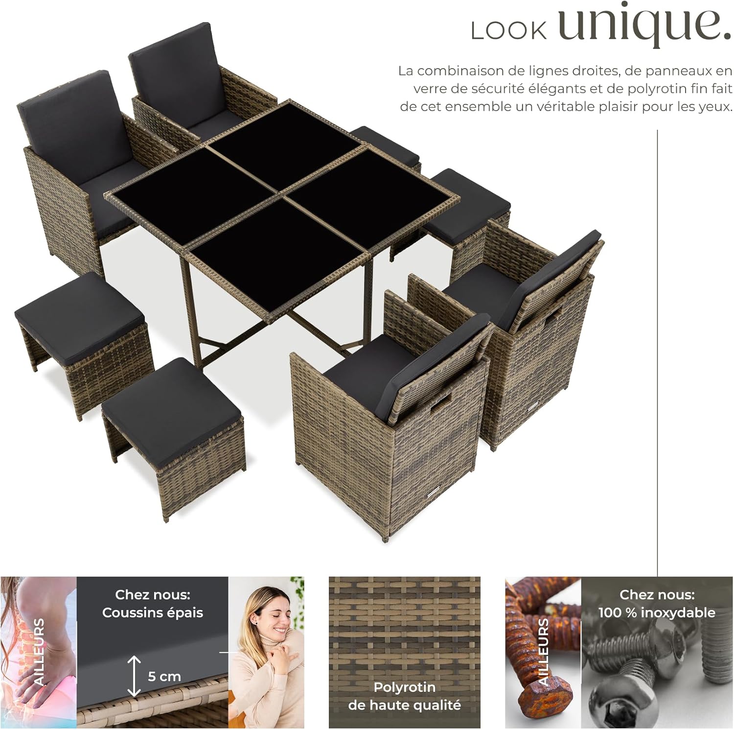 tectake - Salon de jardin polyrotin, 4 chaises, 4 tabourets, table, housse, marron
