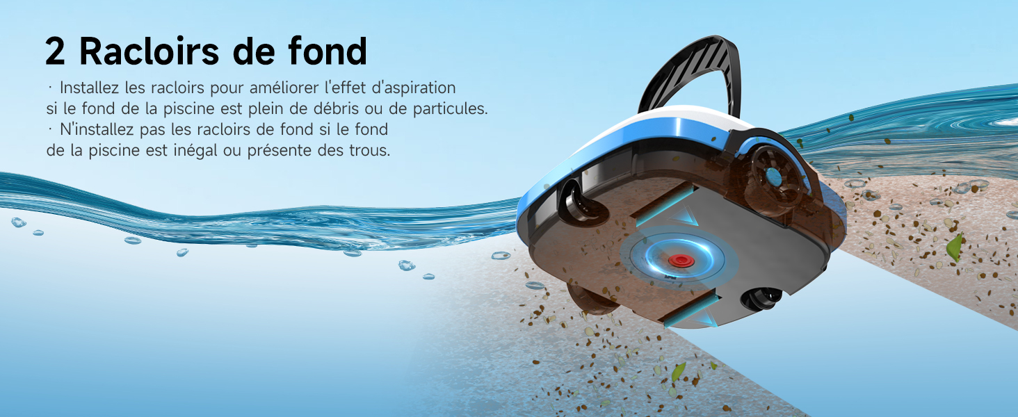 Le texte se lit comme suit : « 2 Racloirs de fond ». L'image montre un appareil de nettoyage sous-marin avec poignée sur fond de plage/d'eau.