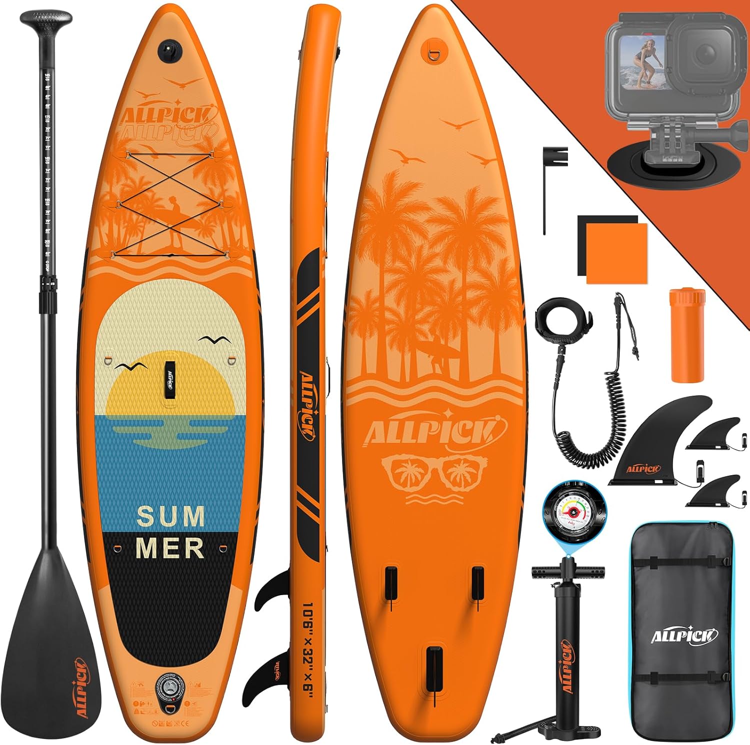 ALLPICK - Paddle gonflable 320 cm - caméra, pagaie réglable, 200 kg