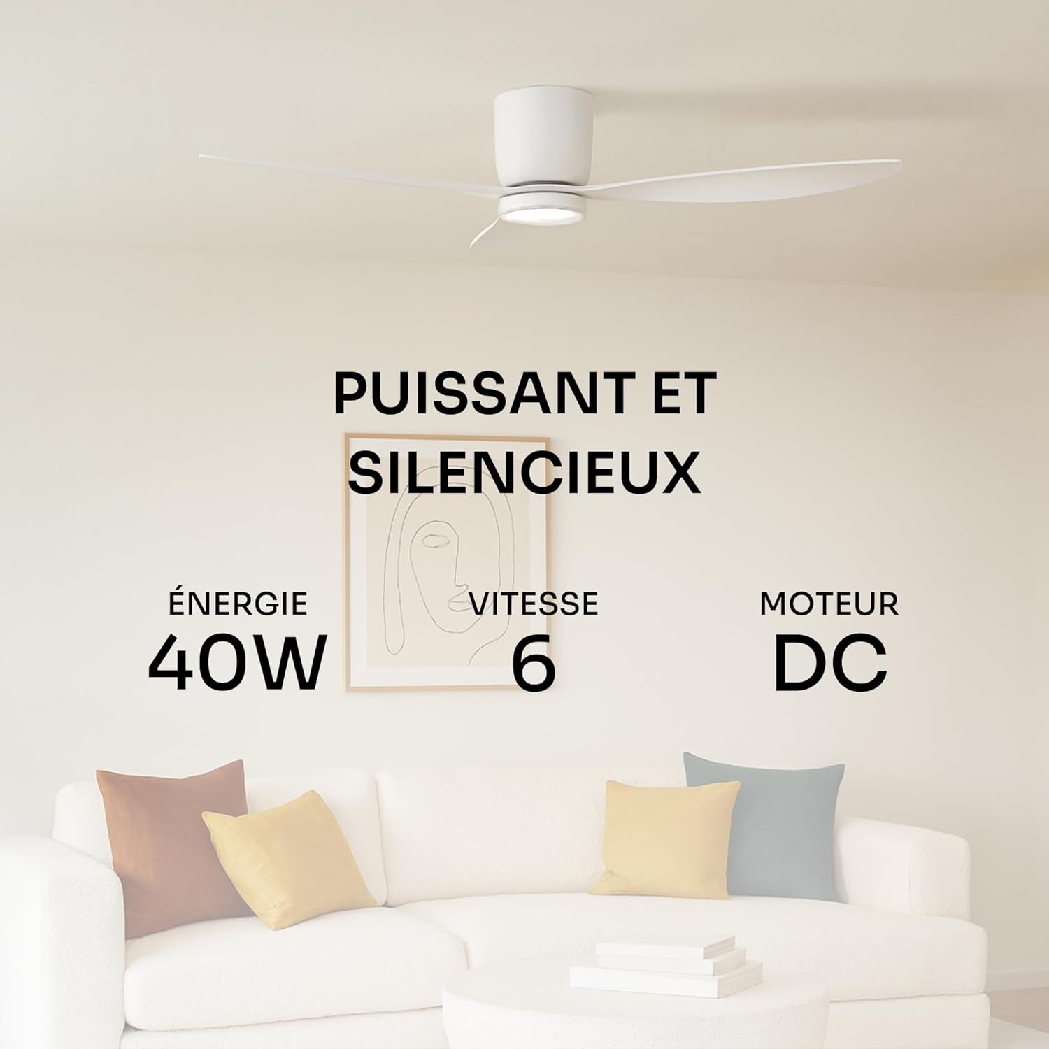Mellerware - Ventilateur de plafond Brizy Bright Minimal 40W avec télécommande | 6 vitesses | Ultra silencieux | 3 lames 132 de diamètre | Fonction Été-Hiver | Minuterie | DIRIGÉ