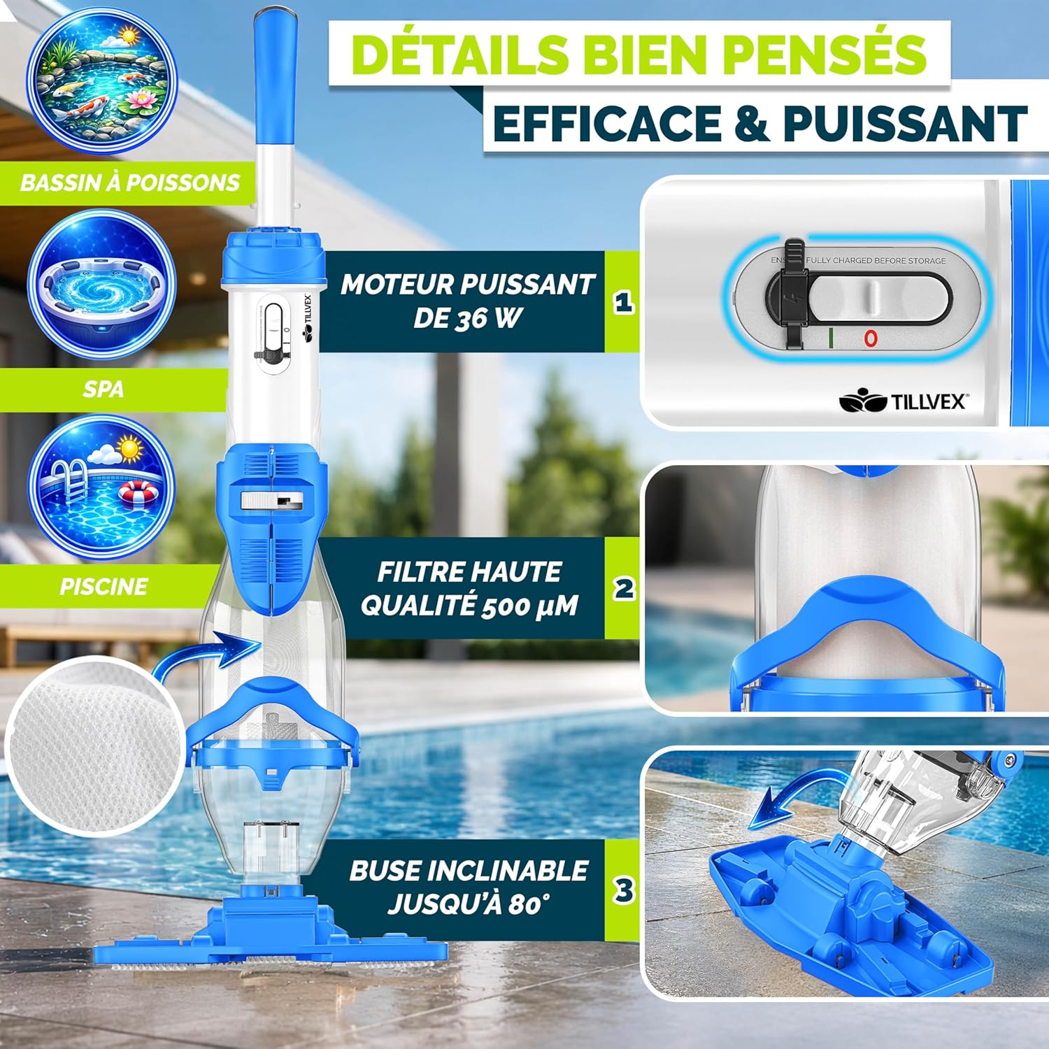tillvex - Aspirateur piscine électrique - manche télescopique - filtre intégré - autonomie 60 min