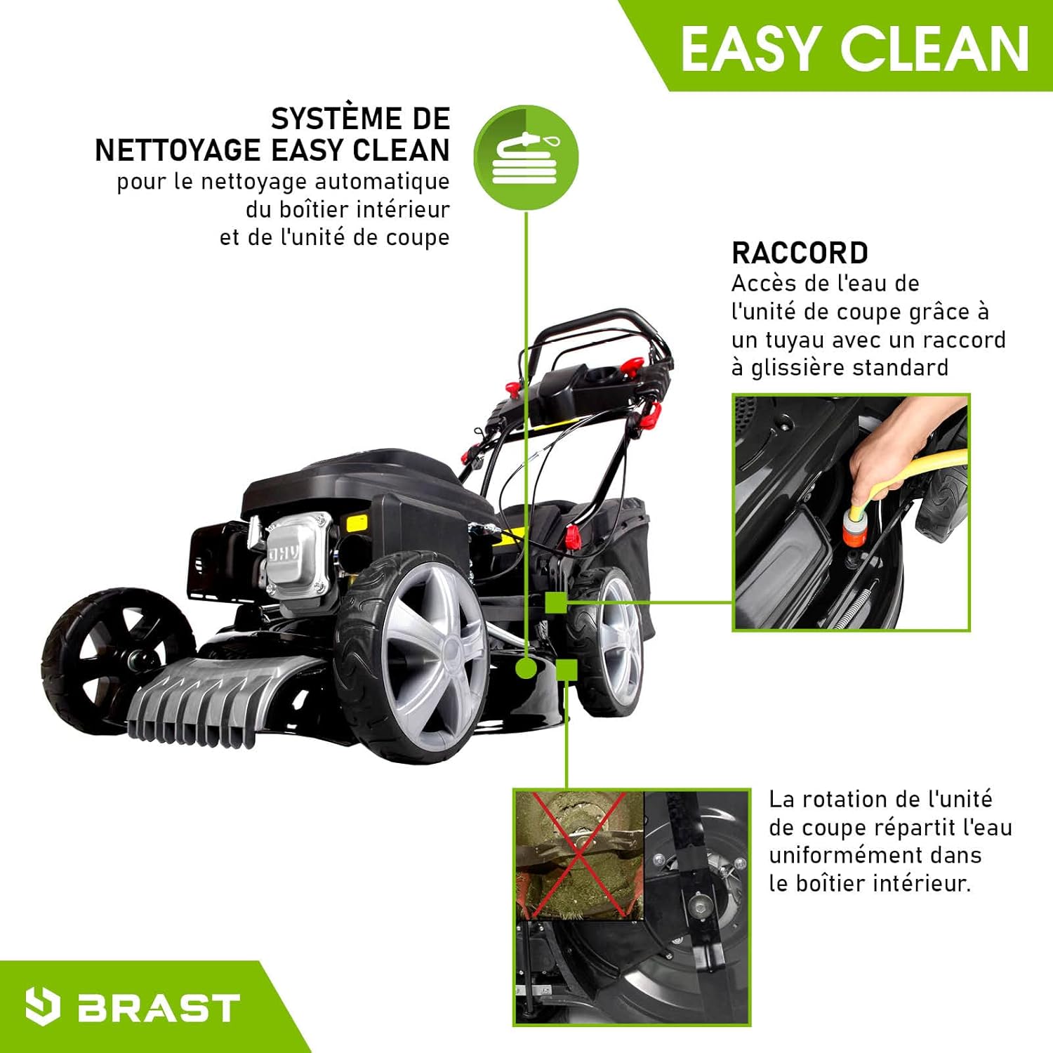 BRAST Tondeuse Thermique tractée démarrage électrique 170ccm 3,5kW (4,76 CV) 46 cm Coupe 30-80, Vitesse d'entraînement Triple réglable 60 l Moteur 4 Temps, 4en 1, châssis en tôle d'acier