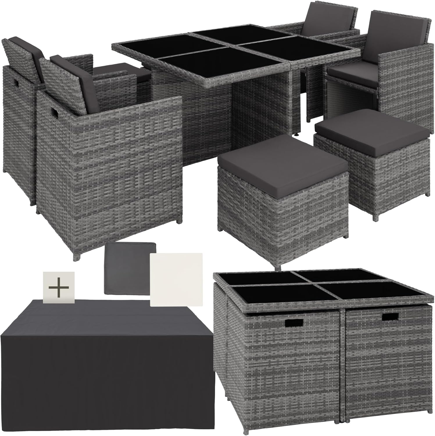 tectake - Salon de jardin 8 places aluminium rotin gris, confortable