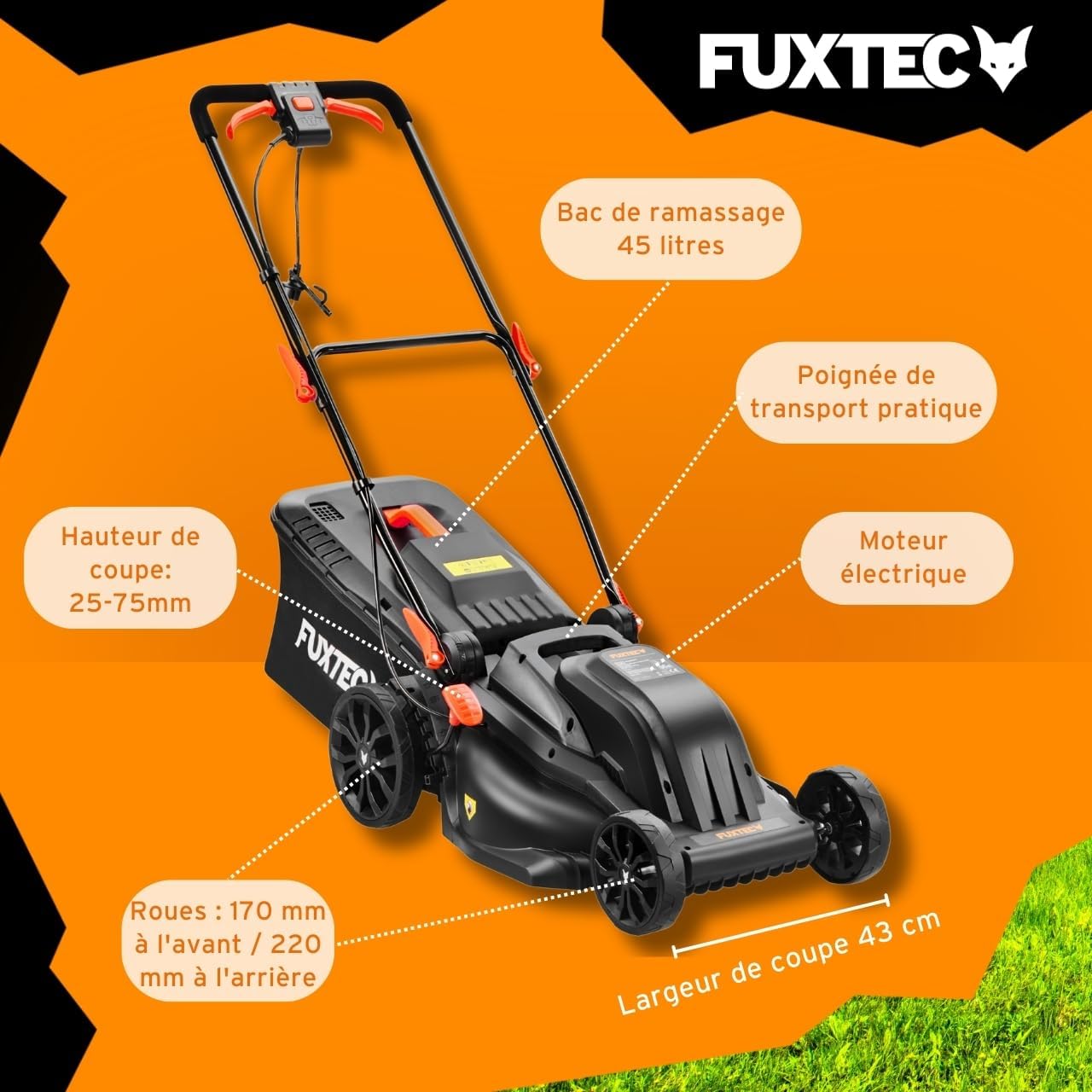 FUXTEC - tondeuse poussée série RME - 43cm, 1200W, bac 45L, FX-RME43