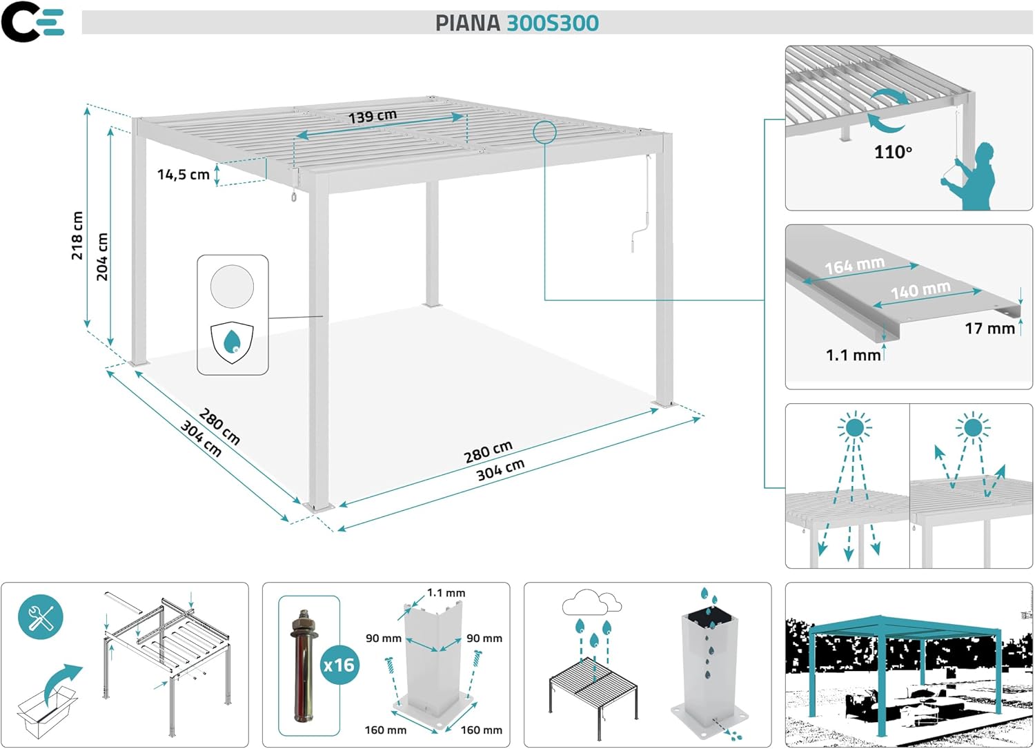 CAZEBOO - Piana - 3x3 m - pergola alu blanc, lames acier orientables