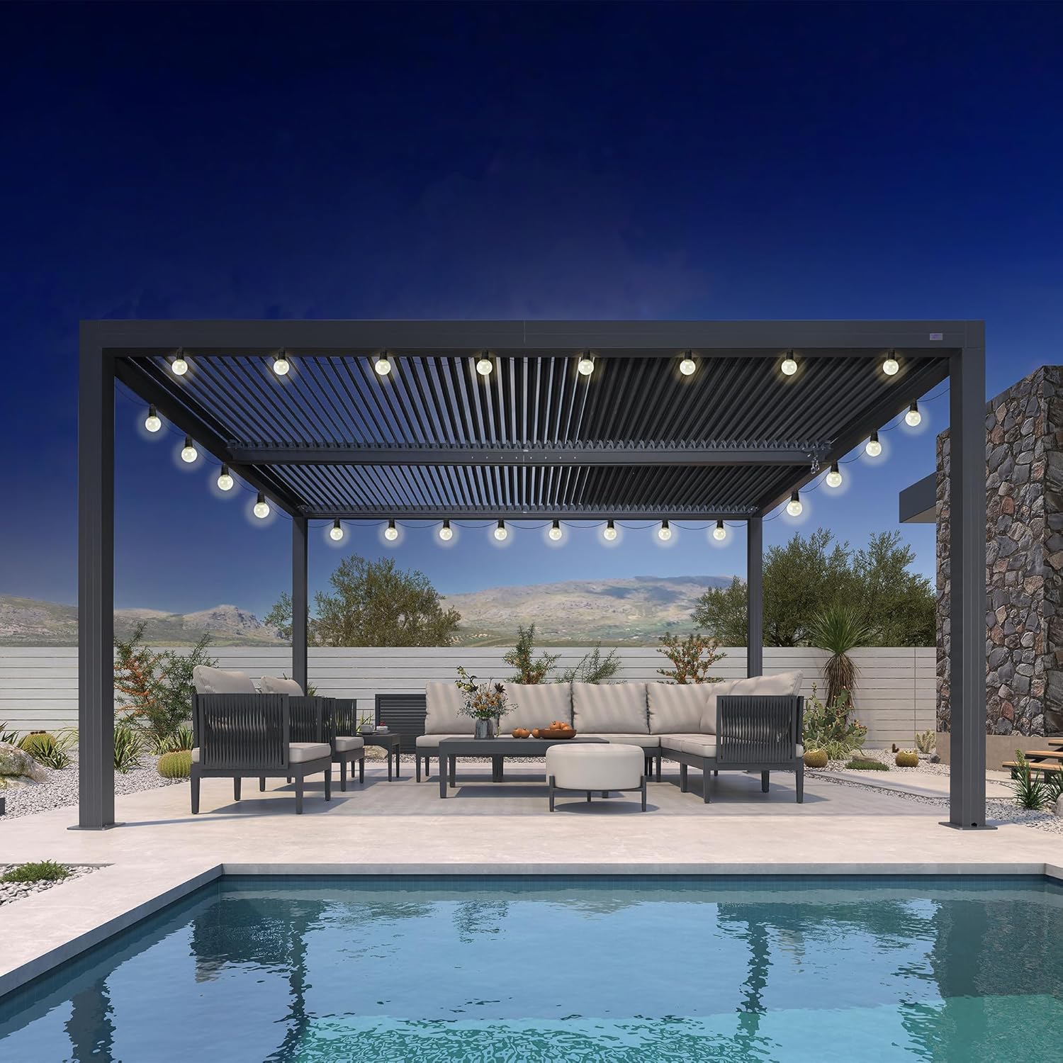 PURPLE LEAF - Pergola bioclimatique série aluminium - 4,6x3,3 m - lames orientables, éclairage intégré