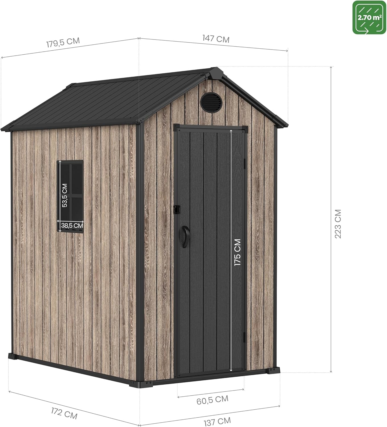 Hoggar Abri de jardin en résine 2,70 m² Oak O30 - Sol inclus - Fenêtre latérale - Effet bois premium - Protection UV et imperméable - Fermeture par goupille - Ventilations - Porte battante