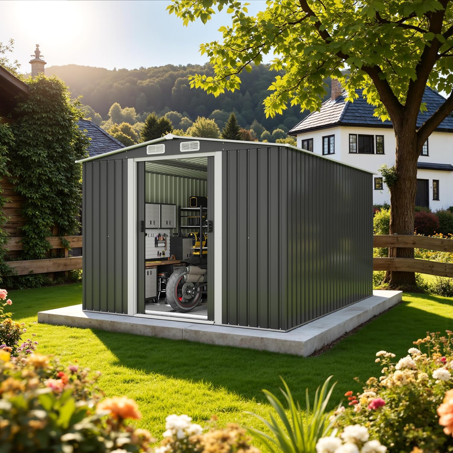 Devoko Abri de jardin en métal 13,2 m³ avec fondation en acier, 247x301x178 cm Grand abri de jardin avec structure de toit stable, extérieur, résistant aux intempéries pour tondeuses et vélos