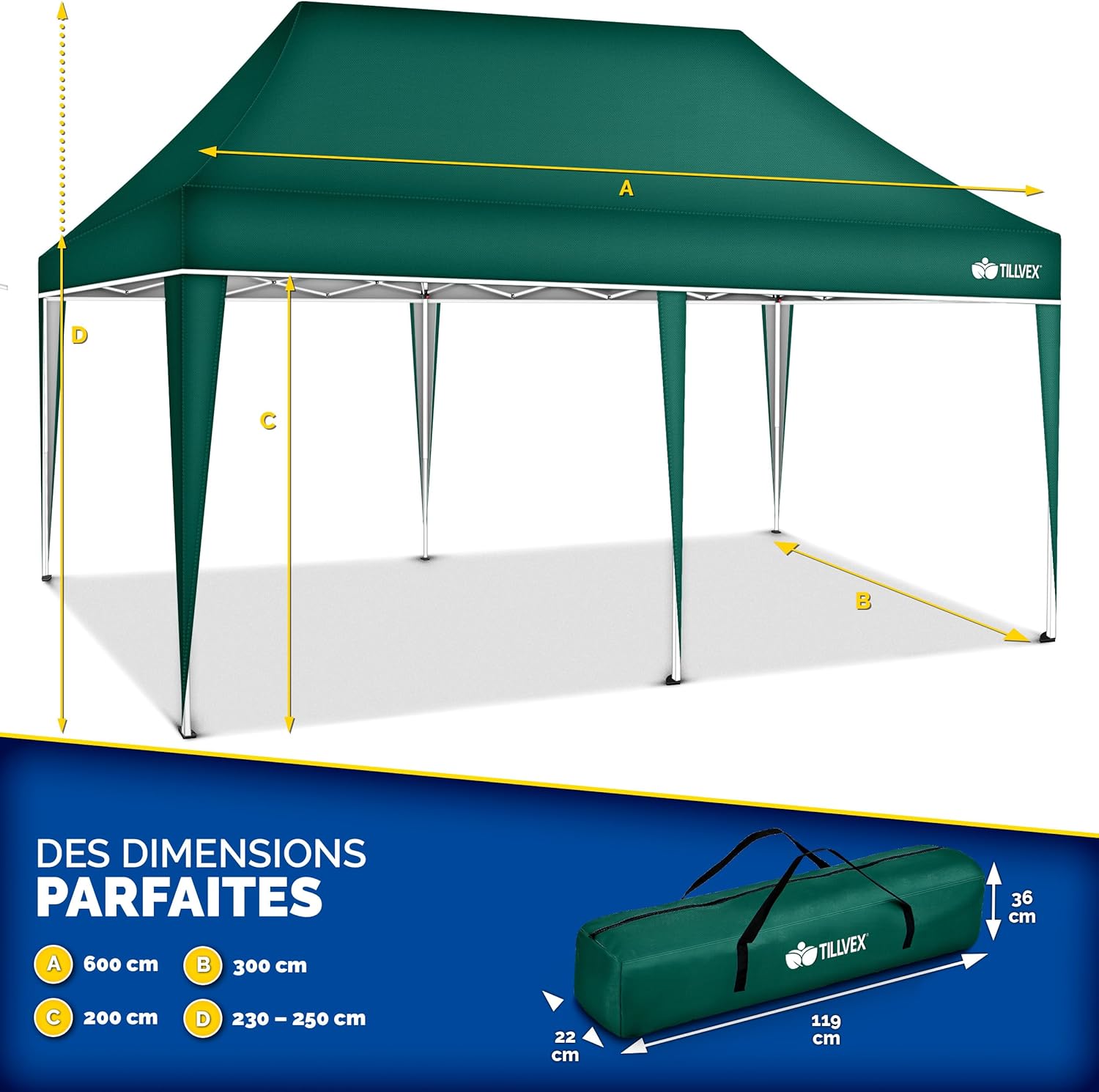 Tillvex - Tonnelle réglable 3x6m, étanche, UV50+, sac de transport