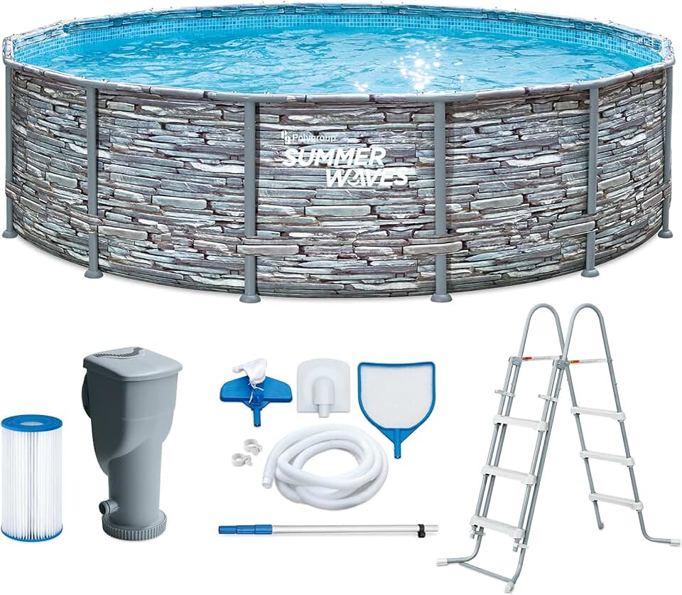 Summer Waves - Frame Pool Kit rond - 427x107 cm - aspect pierre grise, pompe à filtre
