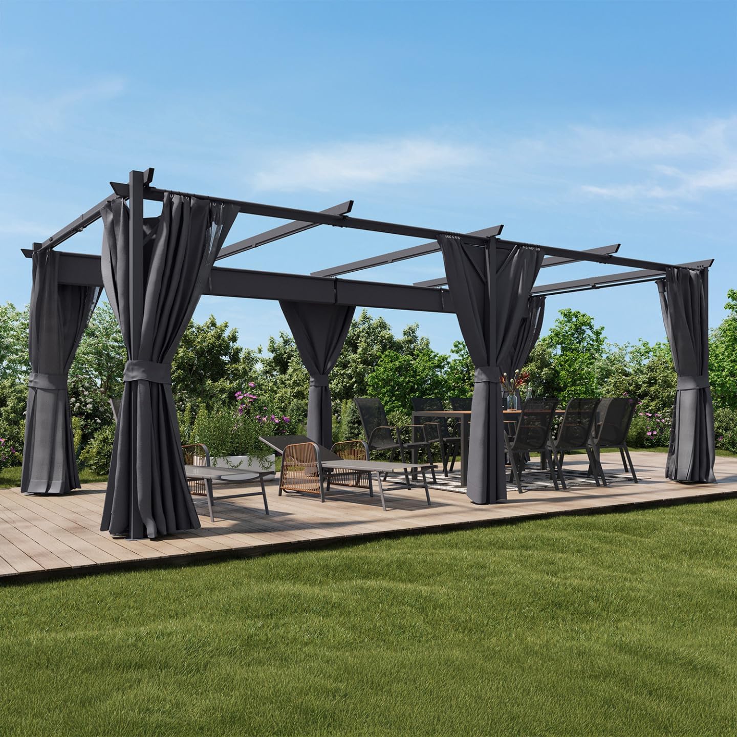 IDMarket - Pergola intégrale moustiquaire, toit rétractable 3x6m, 6 rideaux gris