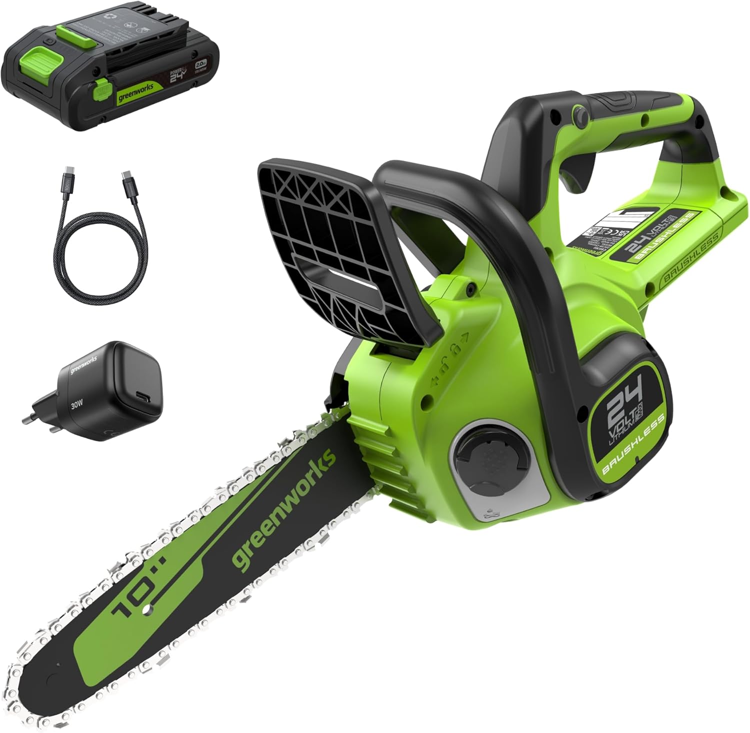 Greenworks - Scie à chaîne Brushless 25cm - 24V, batterie 2Ah, graissage auto