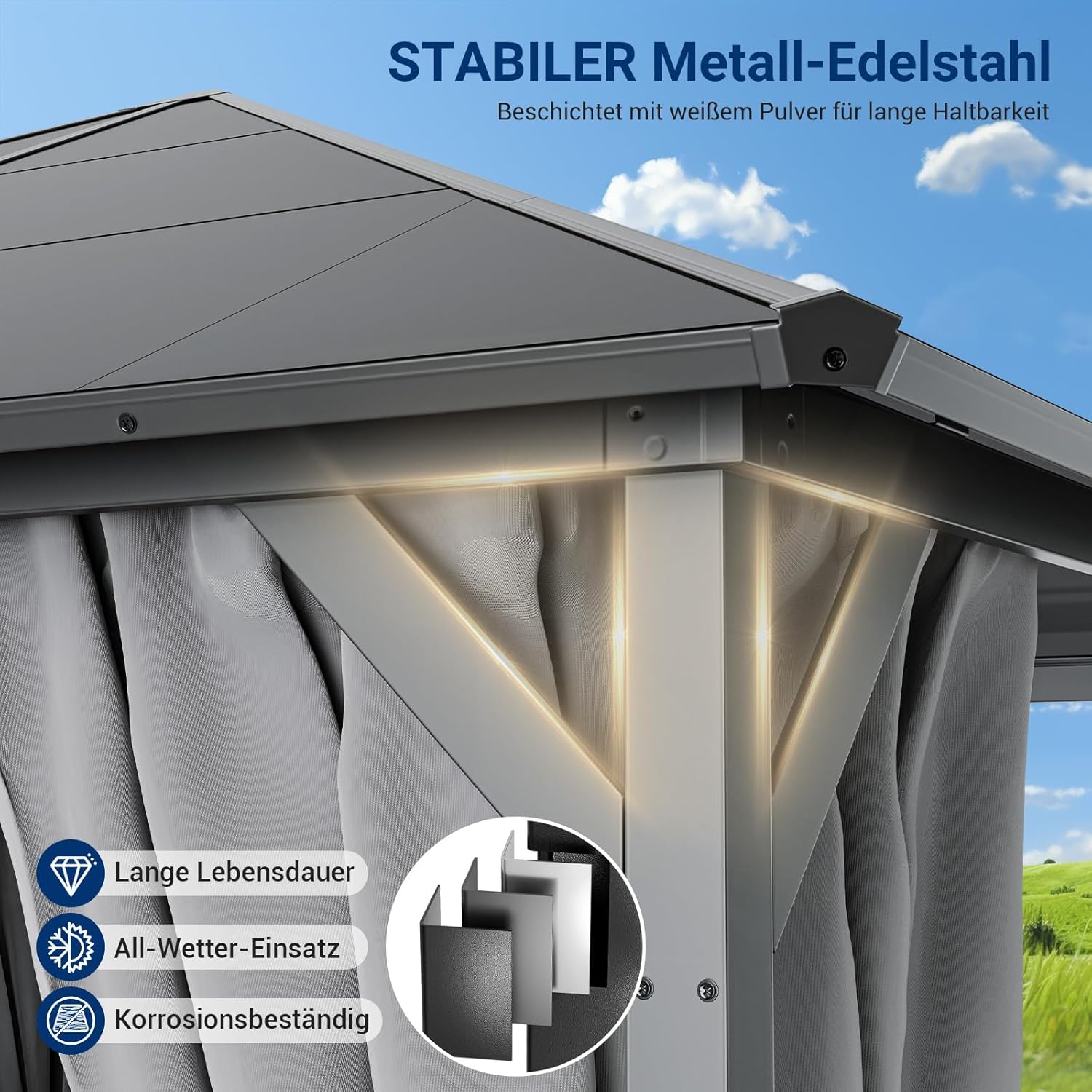 UDPATIO - Tonnelle série 3x4m, imperméable, UV, rideaux, gris, UDPATIO