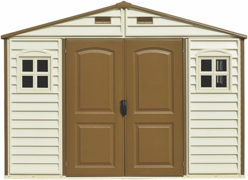 Duramax WoodSide 10 x 8 (7.64 m²) Abri de jardin en plastique avec 3 fenêtres fixes et kit de fondation en métal, structure de toit en métal robuste, ignifuge et sans entretien - Ivory/Brown