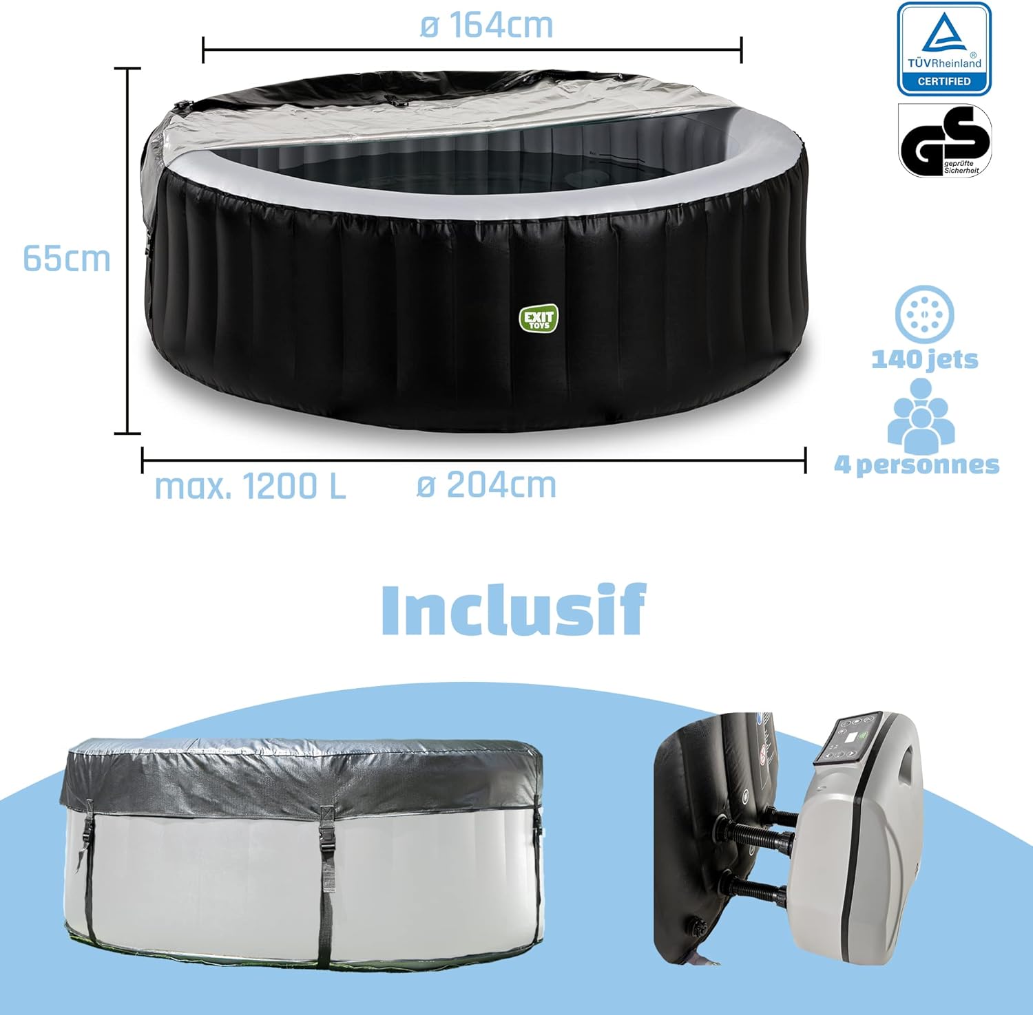 EXIT Toys - Silver Classic Spa - 204x65cm - 4 places, chauffage, 140 jets d'air, filtration