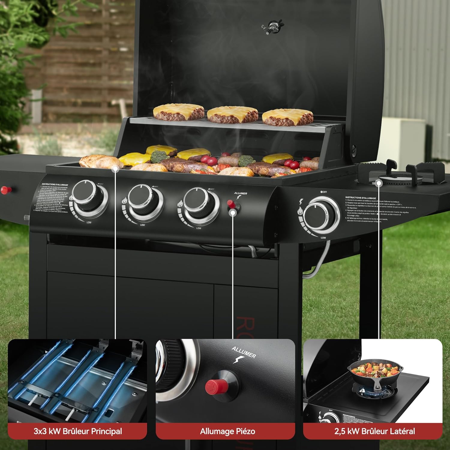 Royal Gourmet - barbecue gaz 3+1 brûleurs inox - 11,5 kW - chariot, 2 roues, thermomètre