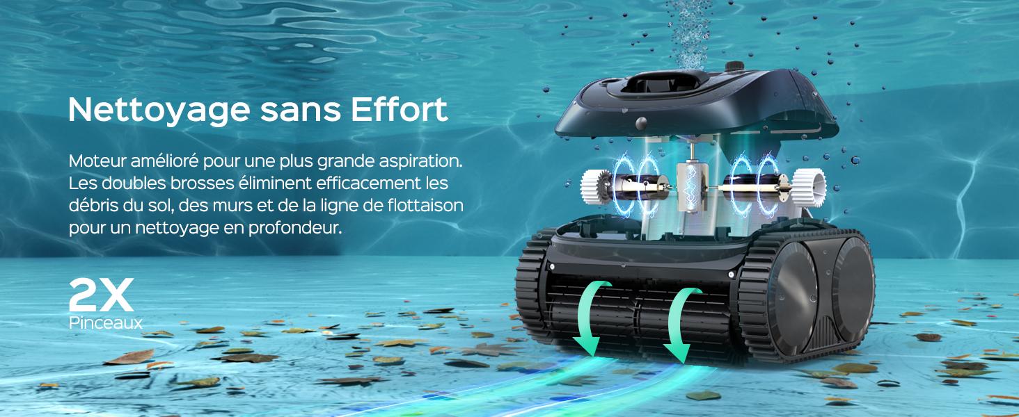 avec deux brosses et bandes de roulement, se déplaçant le long du fond de la piscine. Le texte indique « Nettoyage sans effort »