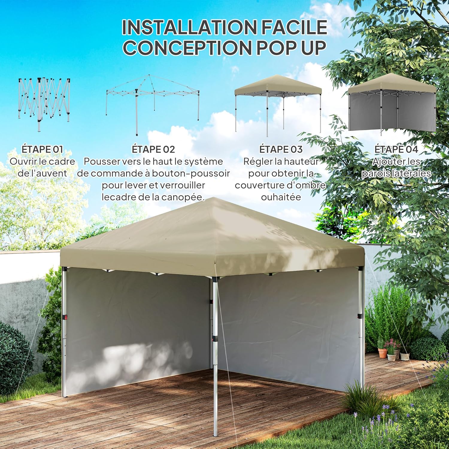 Outsunny - tonnelle pop-up réglable - 297x297x288cm - UV 30+ 2 parois