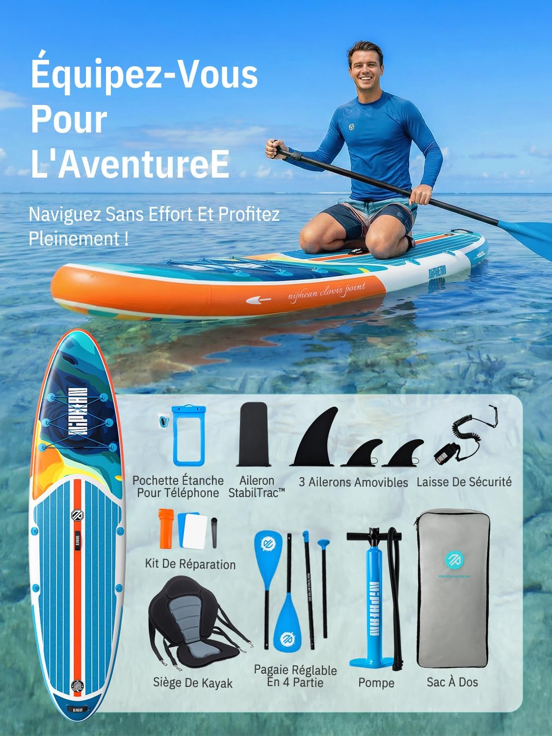Niphean Paddle Gonflable Adulte avec Tous Les Accessoires, 320cm Planches de Stand Up Paddle Gonflables pour Tous Les Niveaux, Sup avec Capacité 200 kg pour 2 Personnes, Paddle Gonflable avec Siège