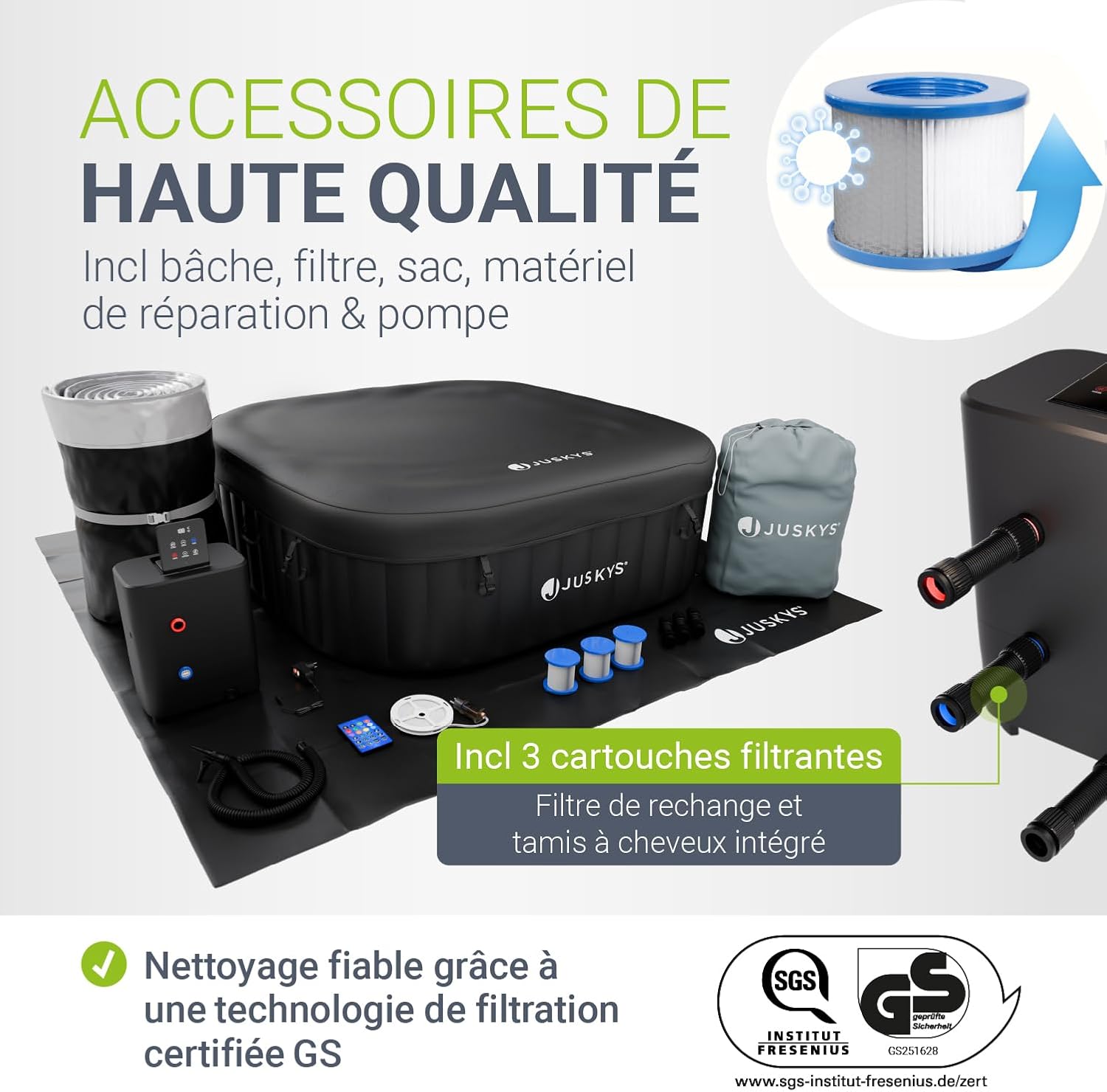 JUSKYS® Bain bouillonnant SpaLuxe – Structure extérieure, 130 Buses, Puissance Totale 3000 W, éclairage LED Noir/Blanc