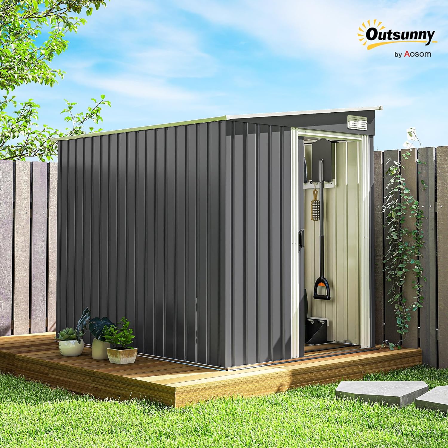 Outsunny - abri de jardin métal série fondation - 154x206,5x181 cm - toit incliné, 2 étagères, gris