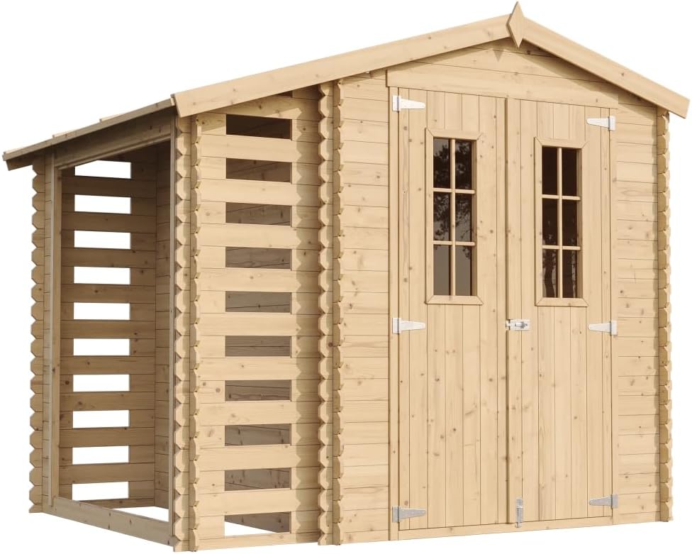 Timbela - abri jardin bois & range bûches - 206x272x218 cm - toit étanche, fenêtres M386C