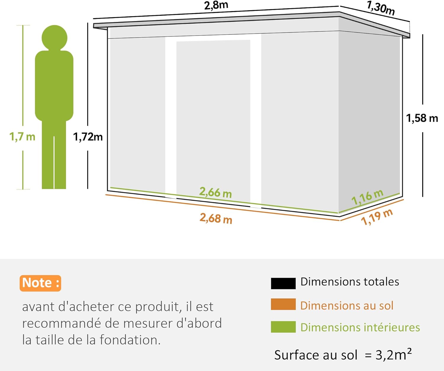 Outsunny - abri de jardin acier galvanisé 3,6m² - portes coulissantes, fondation, ventilé, 280x130x172cm
