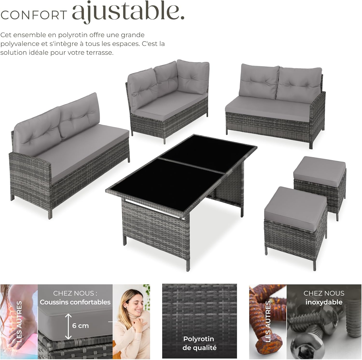 Tectake - Ensemble modulable rotin, canapé d’angle, table verre, poufs, coussins, 220x150x70 cm