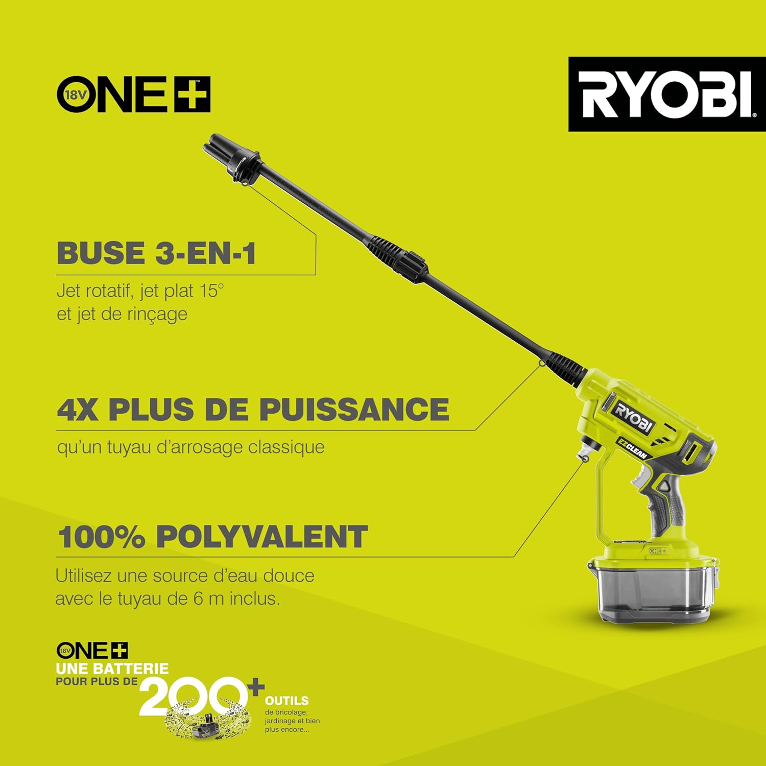 RYOBI - pistolet haute pression 18V One+ - 22 bar - léger, réservoir intégré, sans batterie - RY18PW22A-0