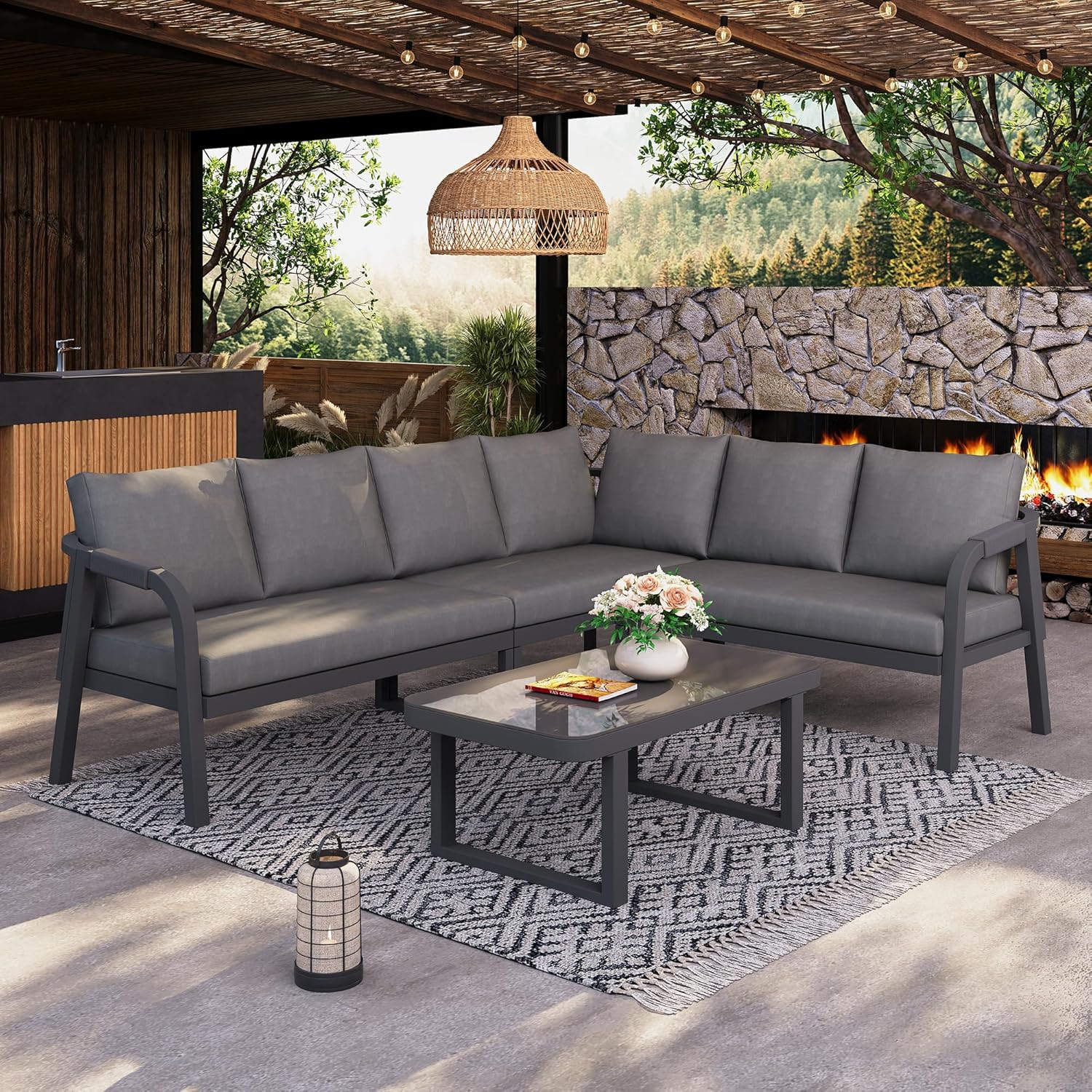 Sapgaks - Salon de jardin extérieur 5-6 pers - acier galva, dossiers tressés, table basse, coussins - G-Gris