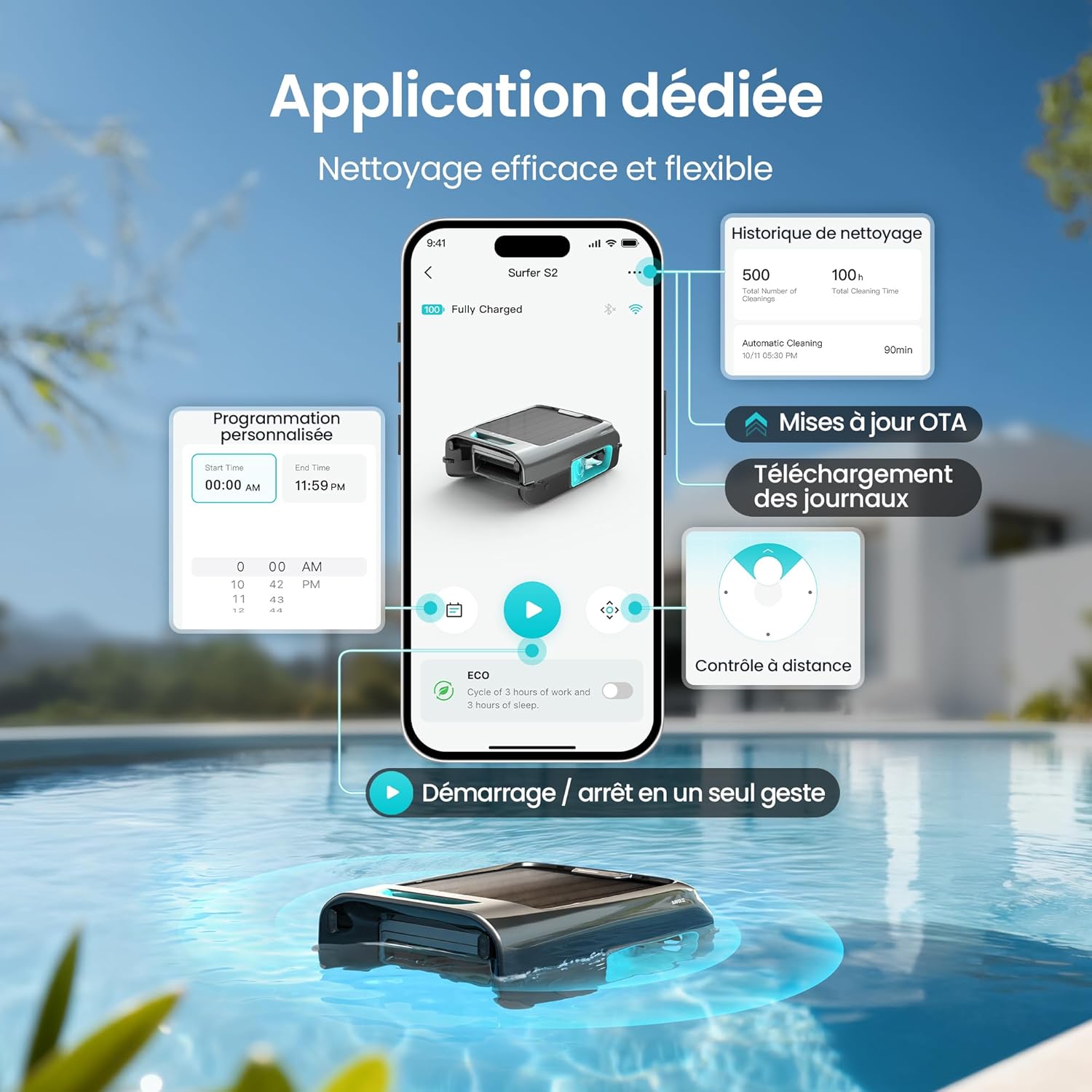 AIPER - EcoSurfer S2 - robot piscine solaire sans fil, 150 µm, appli
